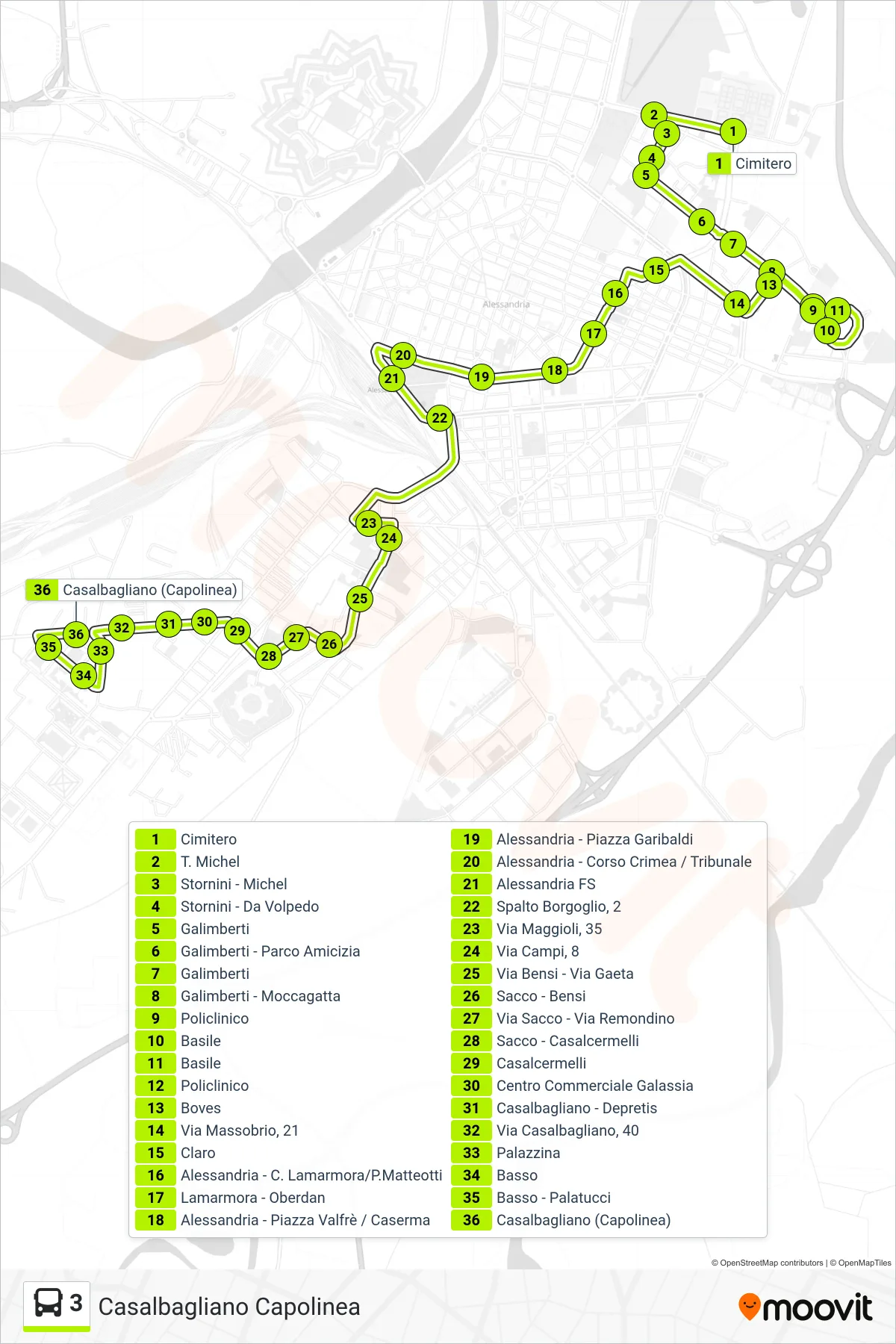 Linea 3 bus (Casalbagliano Capolinea) - Percorsi e fermate sulla mappa