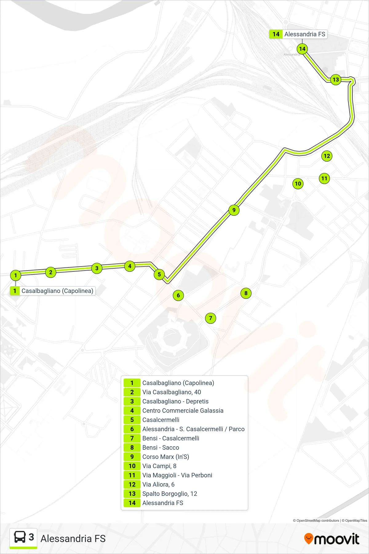 Linea 3 bus (Alessandria FS) - Percorsi e fermate sulla mappa