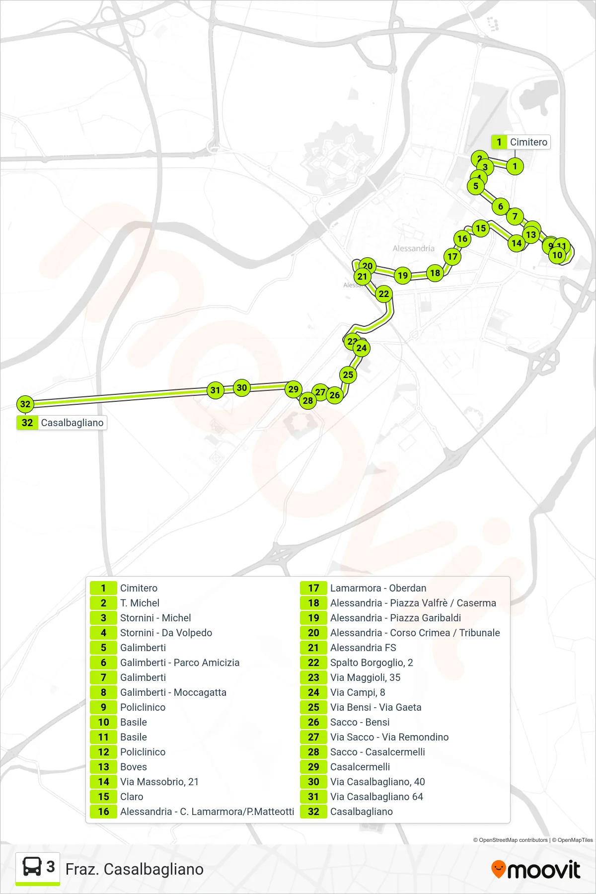 Linea 3  bus (Fraz. Casalbagliano) - Percorsi e fermate sulla mappa
