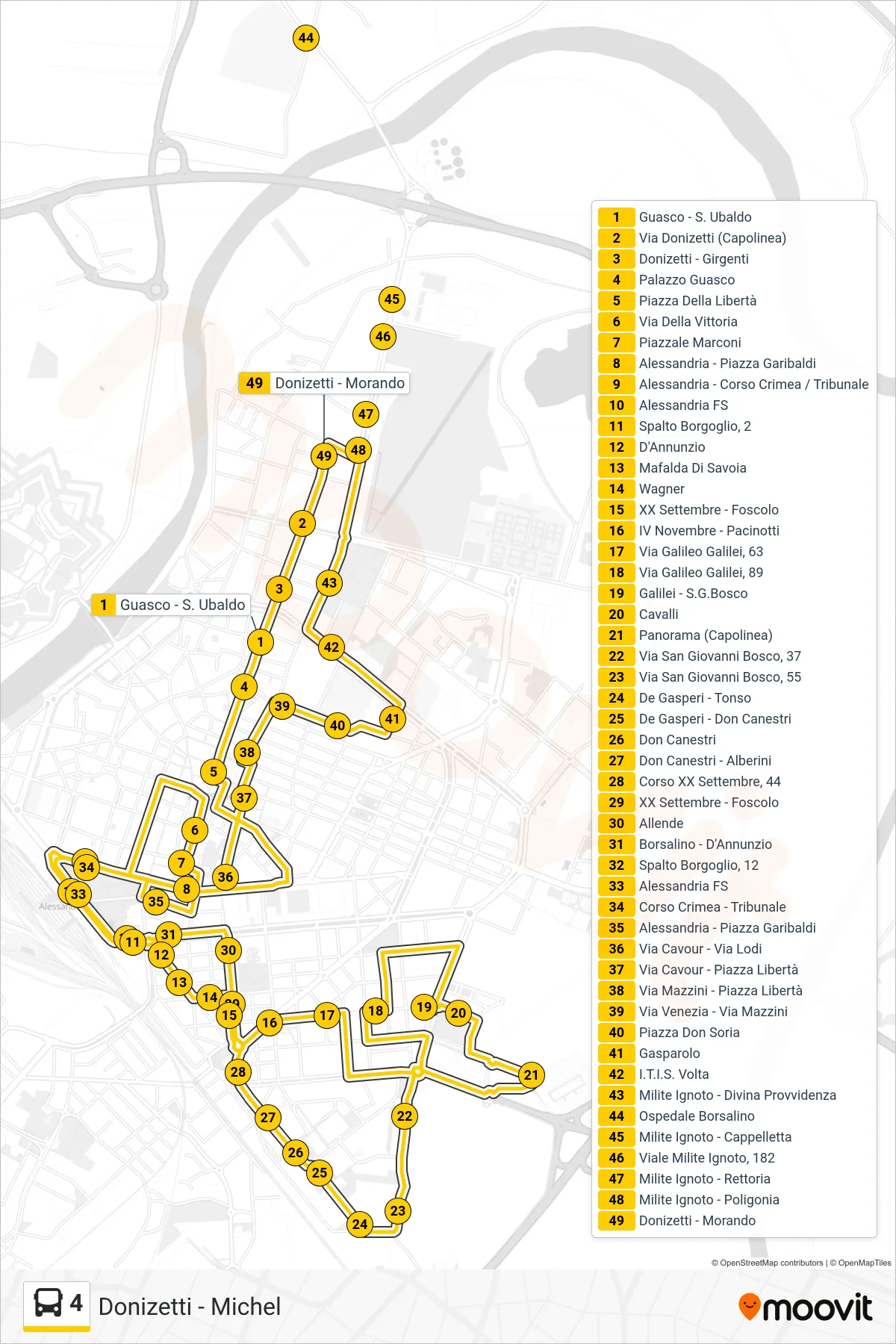 Linea 4 bus (Donizetti - Michel) - Percorsi e fermate sulla mappa