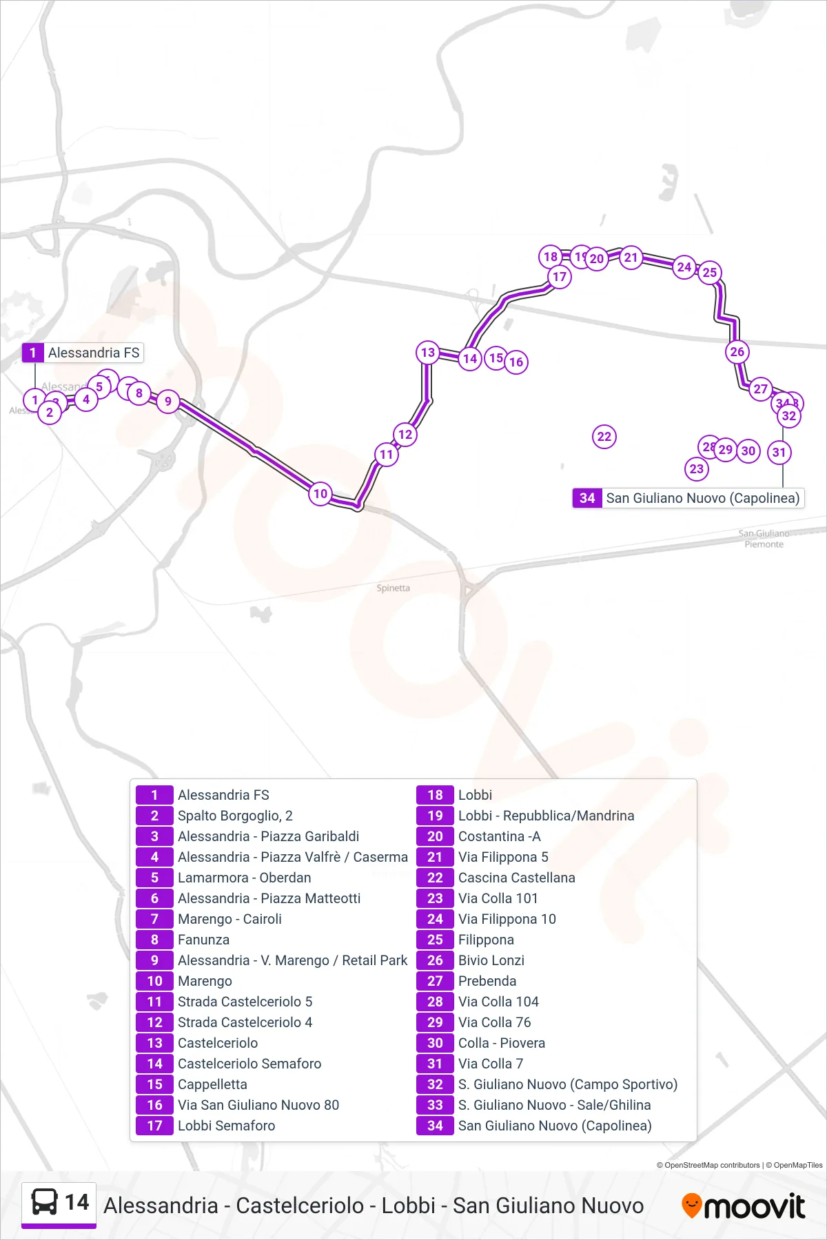 Linea 14 bus (San Giuliano Nuovo) - Percorsi e fermate sulla mappa