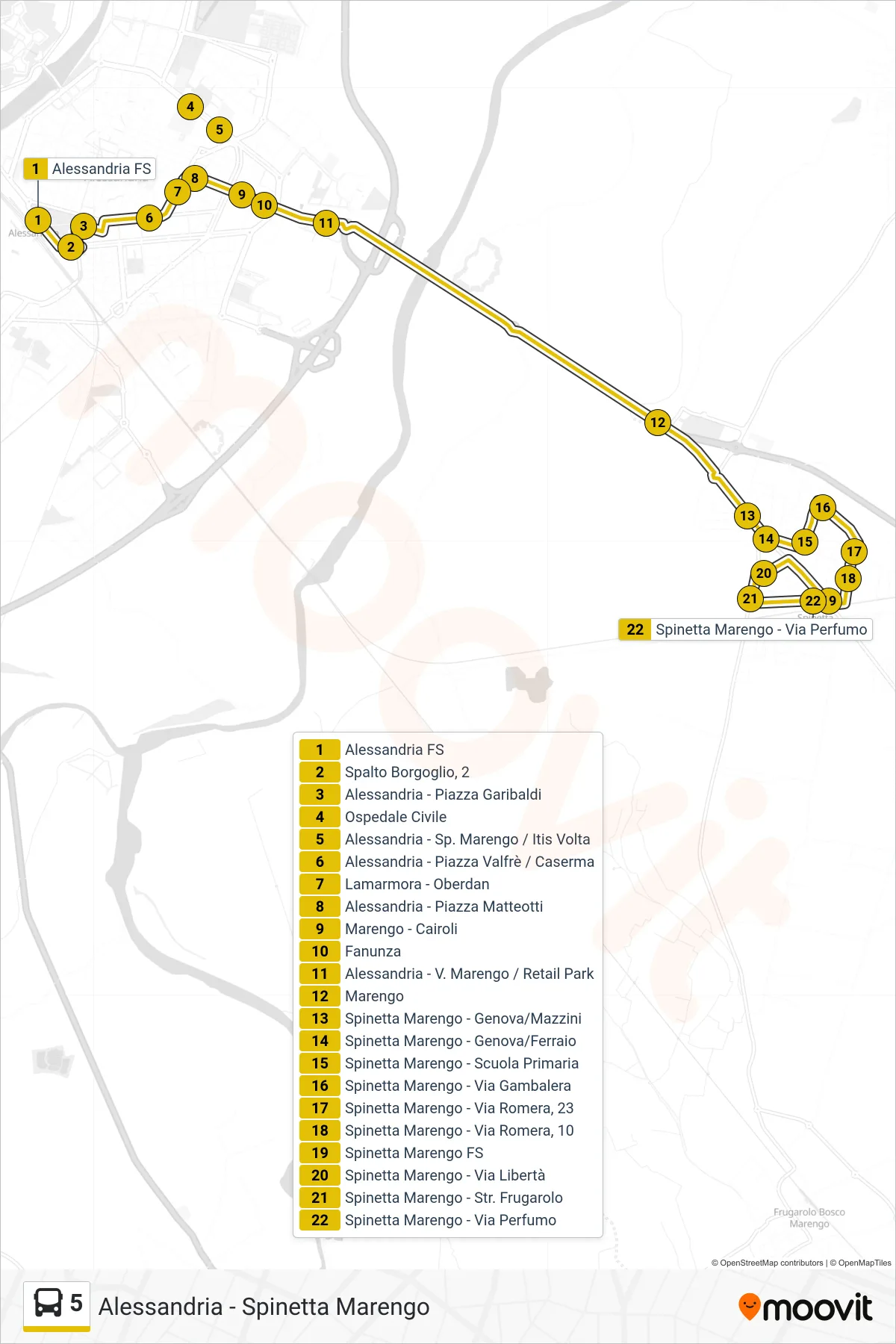 Linea 5 bus (Spinetta Marengo - Via Perfumo) - Percorsi e fermate sulla mappa