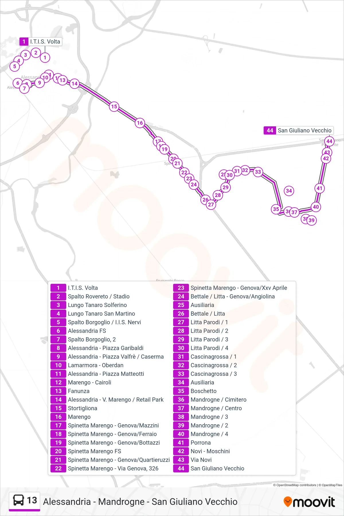 Linea 13 bus (San Giuliano Vecchio) - Percorsi e fermate sulla mappa