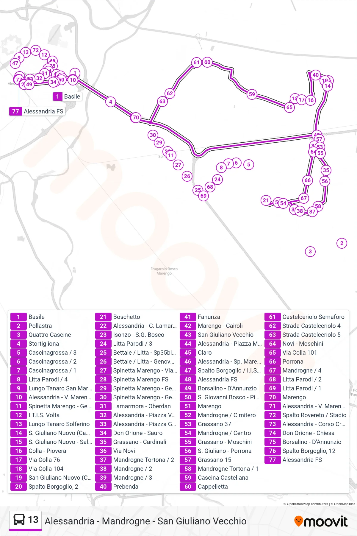 Linea 13 bus (Alessandria FS) - Percorsi e fermate sulla mappa