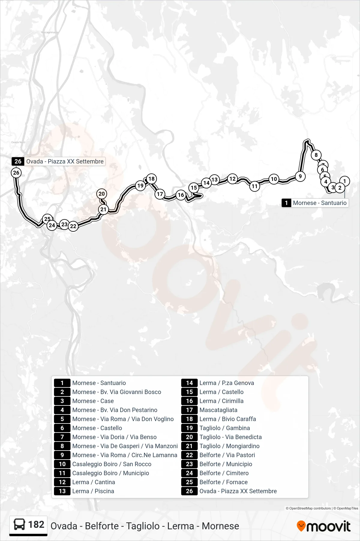 Linea 182 bus (Ovada) - Percorsi e fermate sulla mappa