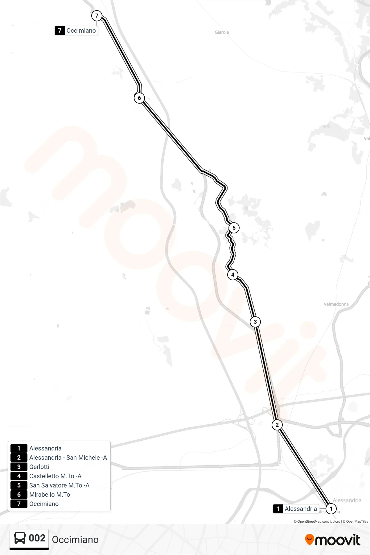 Linea 002 bus (Occimiano) - Percorsi e fermate sulla mappa