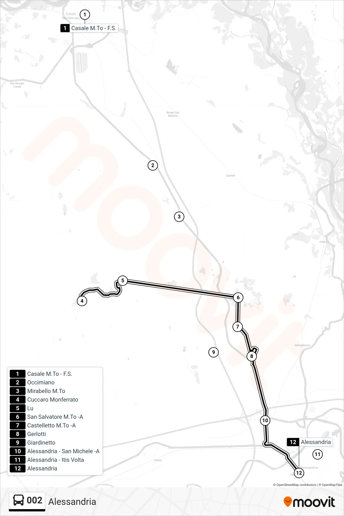 Linea 002 bus (Alessandria) - Percorsi e fermate sulla mappa