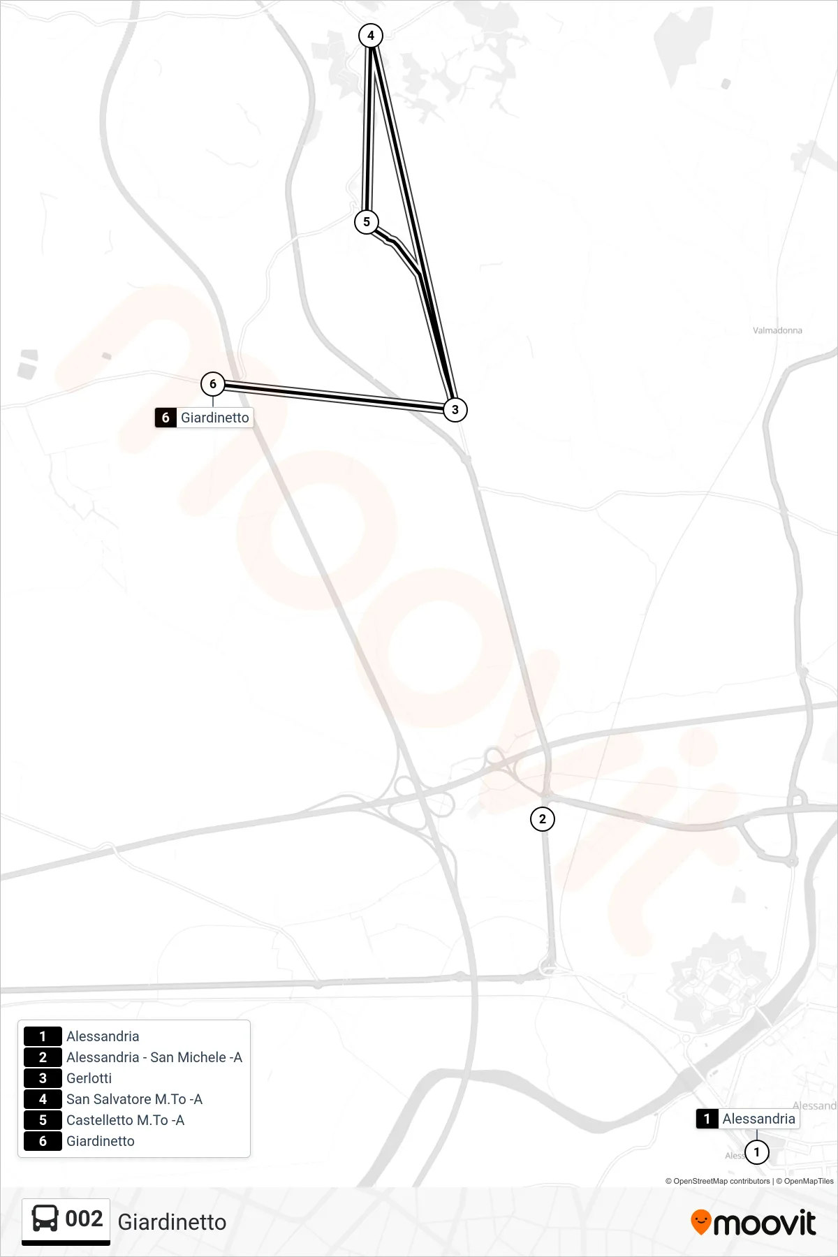 Linea 002 bus (Giardinetto) - Percorsi e fermate sulla mappa