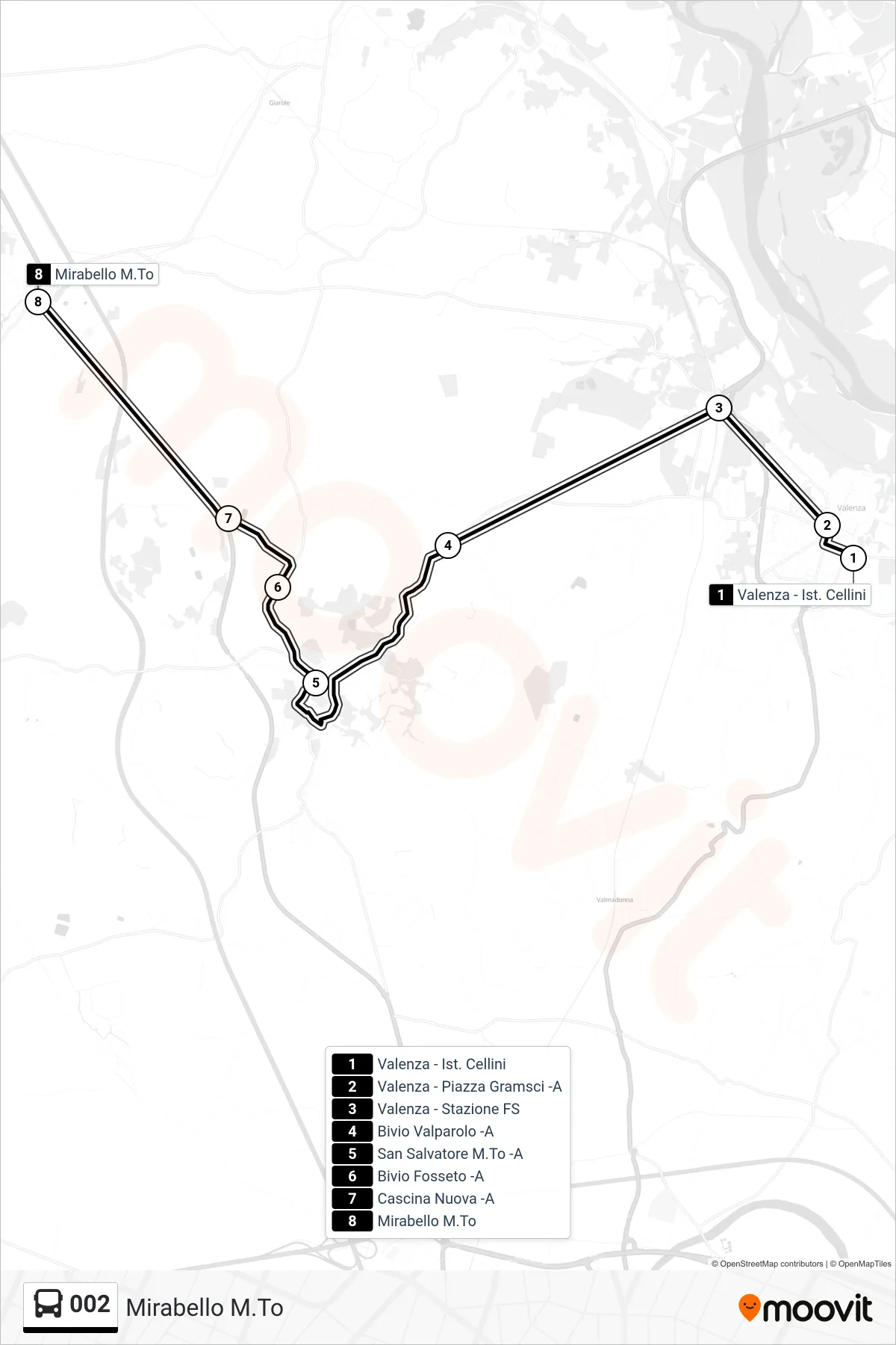 Linea 002 bus (Mirabello M.To) - Percorsi e fermate sulla mappa