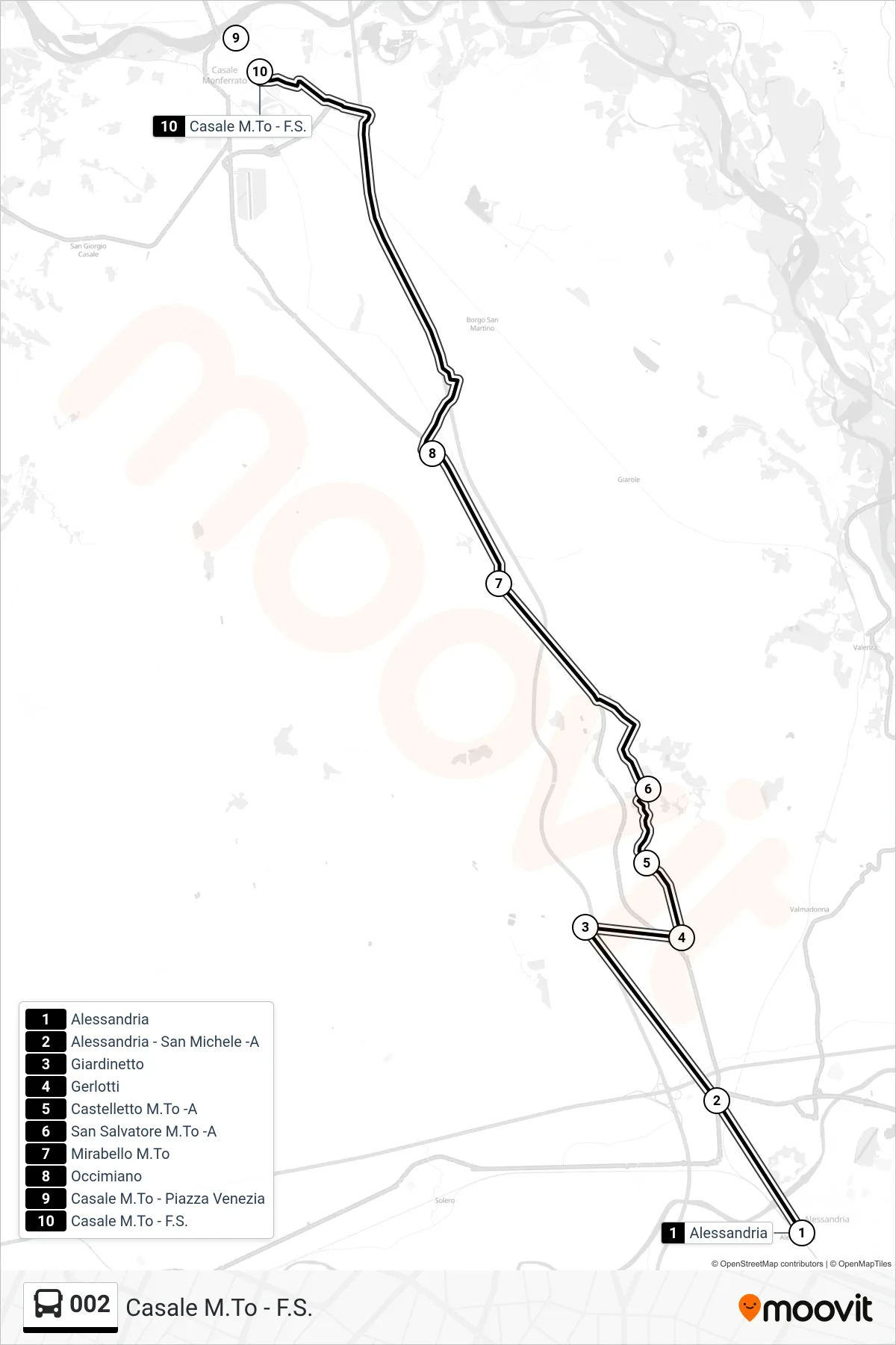 Linea 002  bus (Casale M.To - F.S.) - Percorsi e fermate sulla mappa