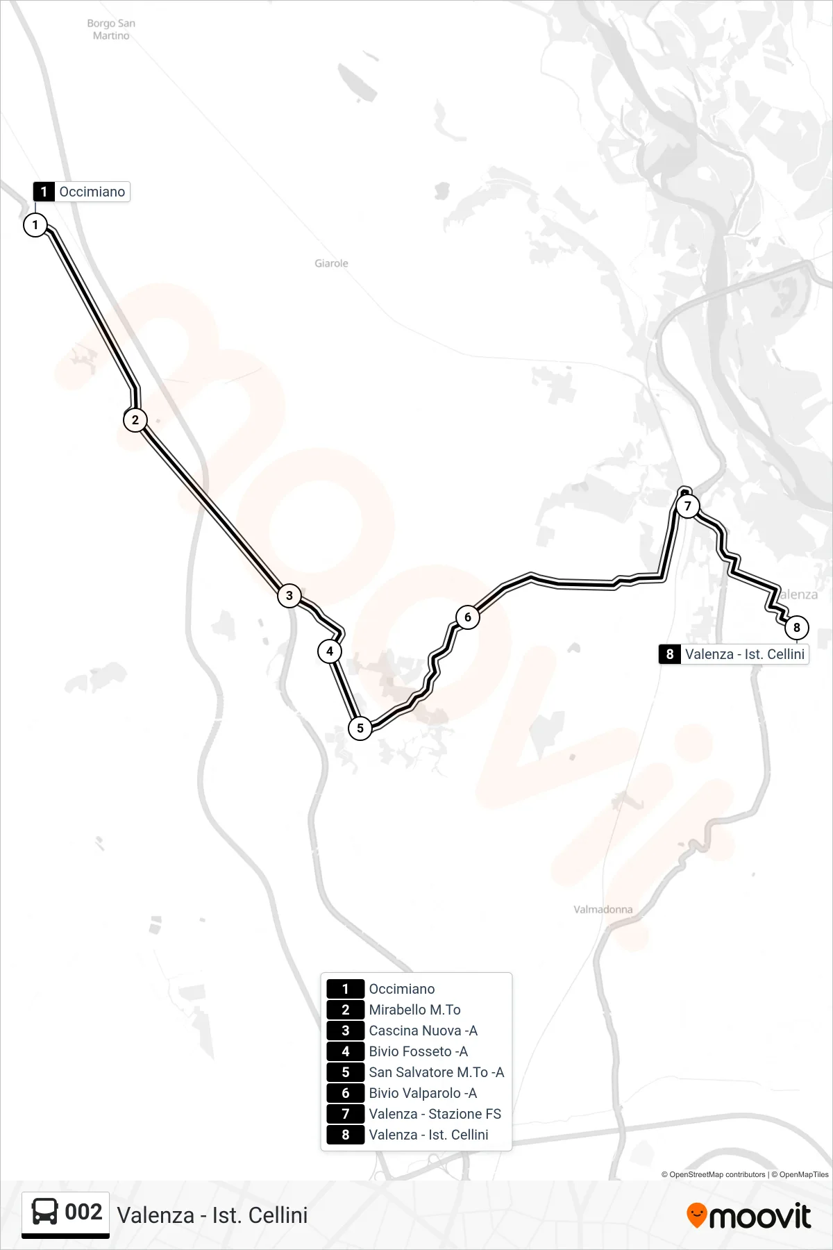 Linea 002  bus (Valenza - Ist. Cellini) - Percorsi e fermate sulla mappa