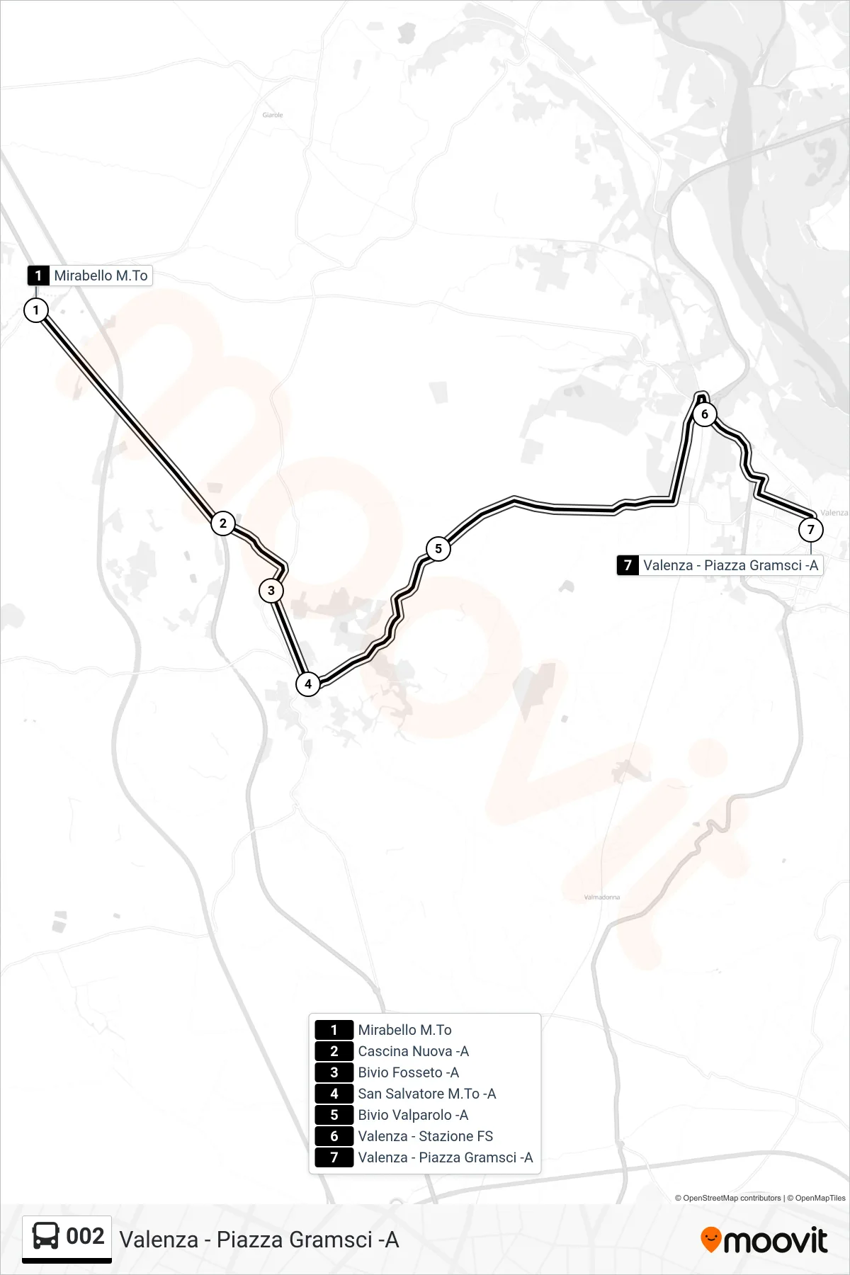 Linea 002  bus (Valenza - Piazza Gramsci -A) - Percorsi e fermate sulla mappa