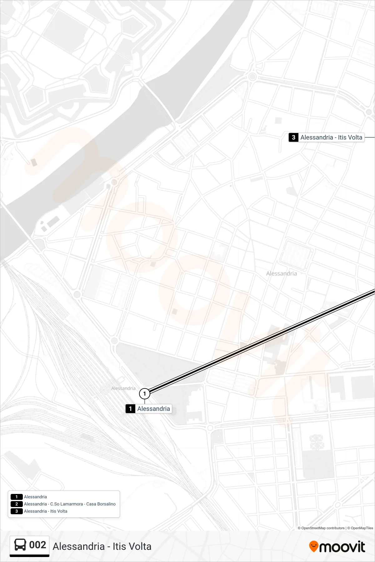 Linea 002 bus (Alessandria - Itis Volta) - Percorsi e fermate sulla mappa