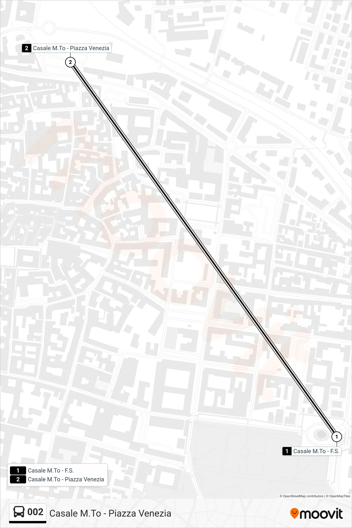 Linea 002 bus (Casale M.To - Piazza Venezia) - Percorsi e fermate sulla mappa