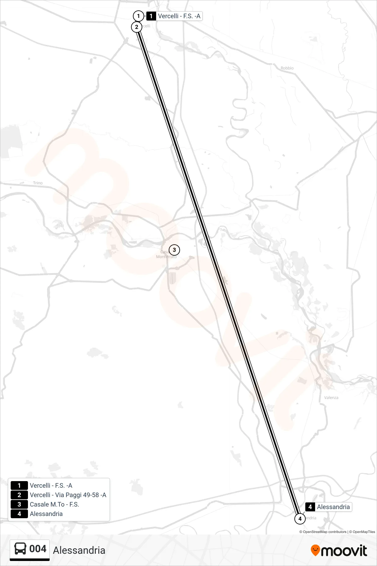 Linea 004 bus (Alessandria) - Percorsi e fermate sulla mappa