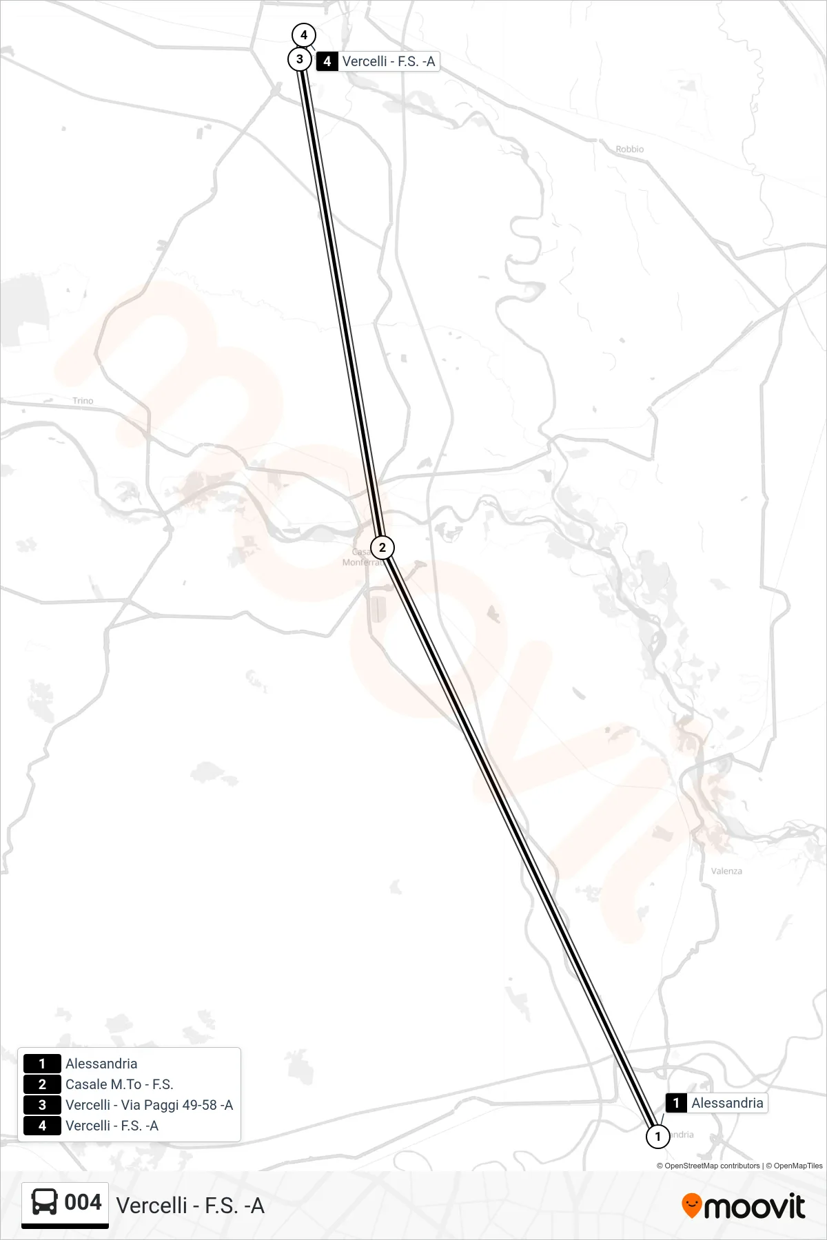 Linea 004  bus (Vercelli - F.S. -A) - Percorsi e fermate sulla mappa