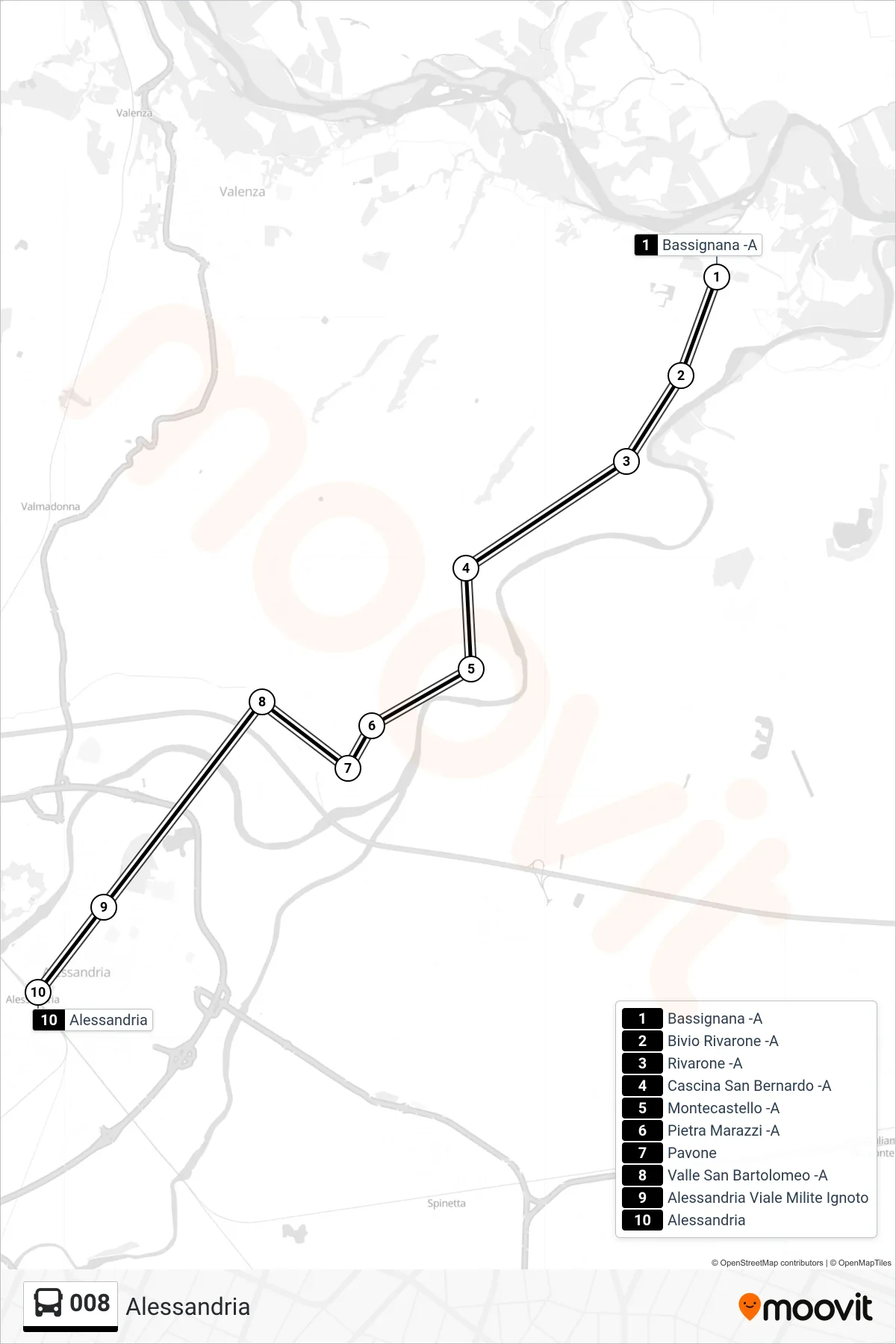 Linea 008 bus (Alessandria) - Percorsi e fermate sulla mappa