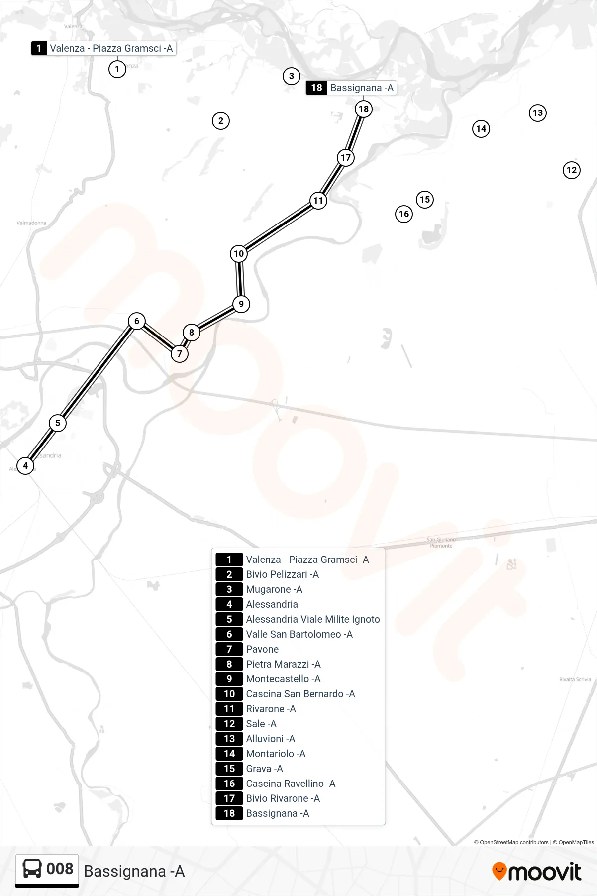 Linea 008  bus (Bassignana -A) - Percorsi e fermate sulla mappa