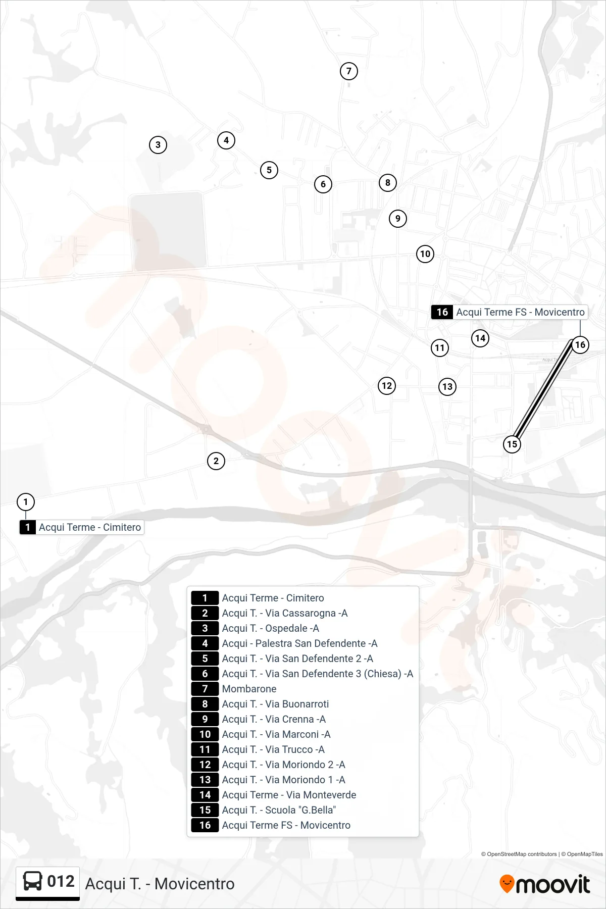 Linea 012  bus (Acqui T. - Movicentro) - Percorsi e fermate sulla mappa