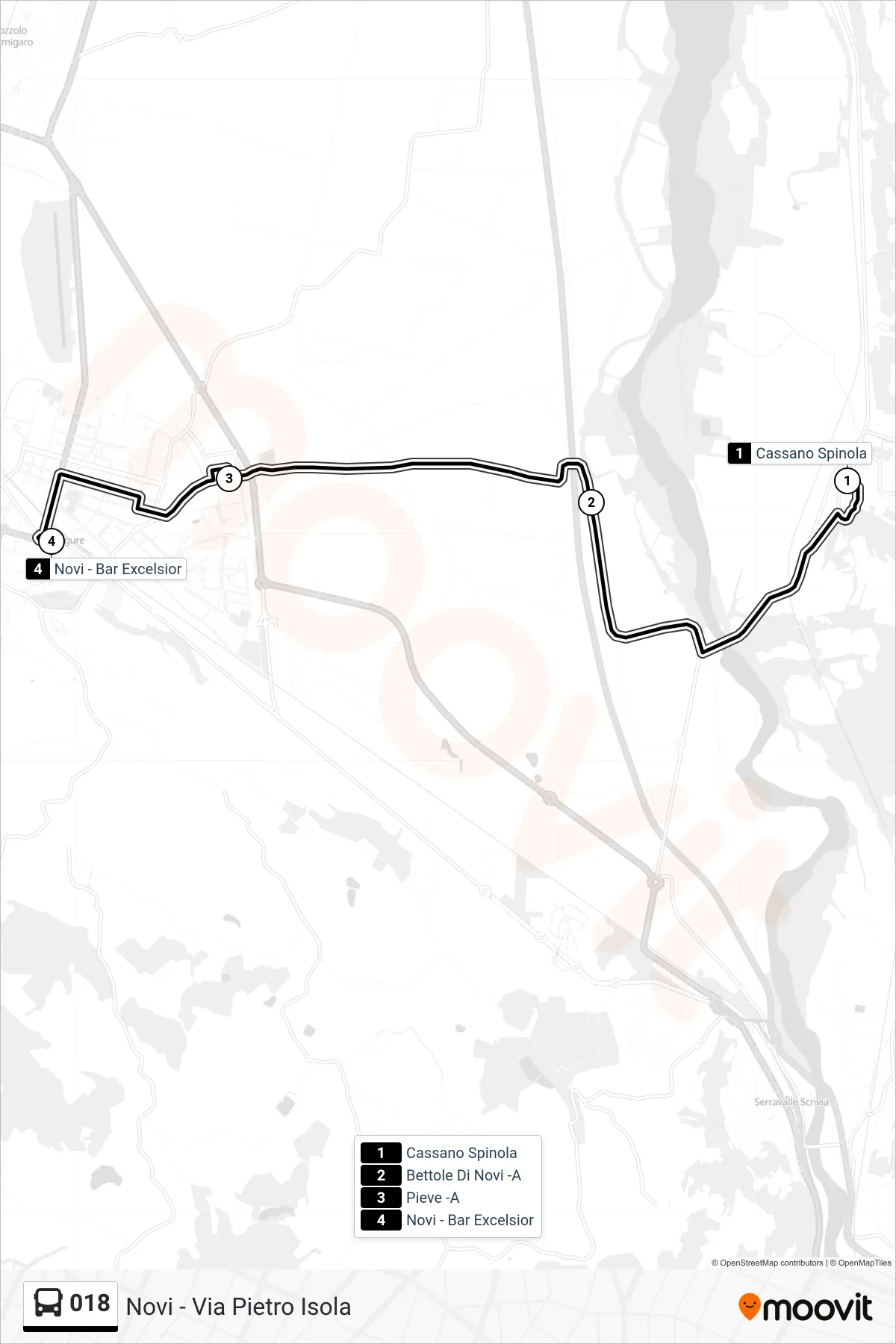 Linea 018  bus (Novi - Via Pietro Isola) - Percorsi e fermate sulla mappa