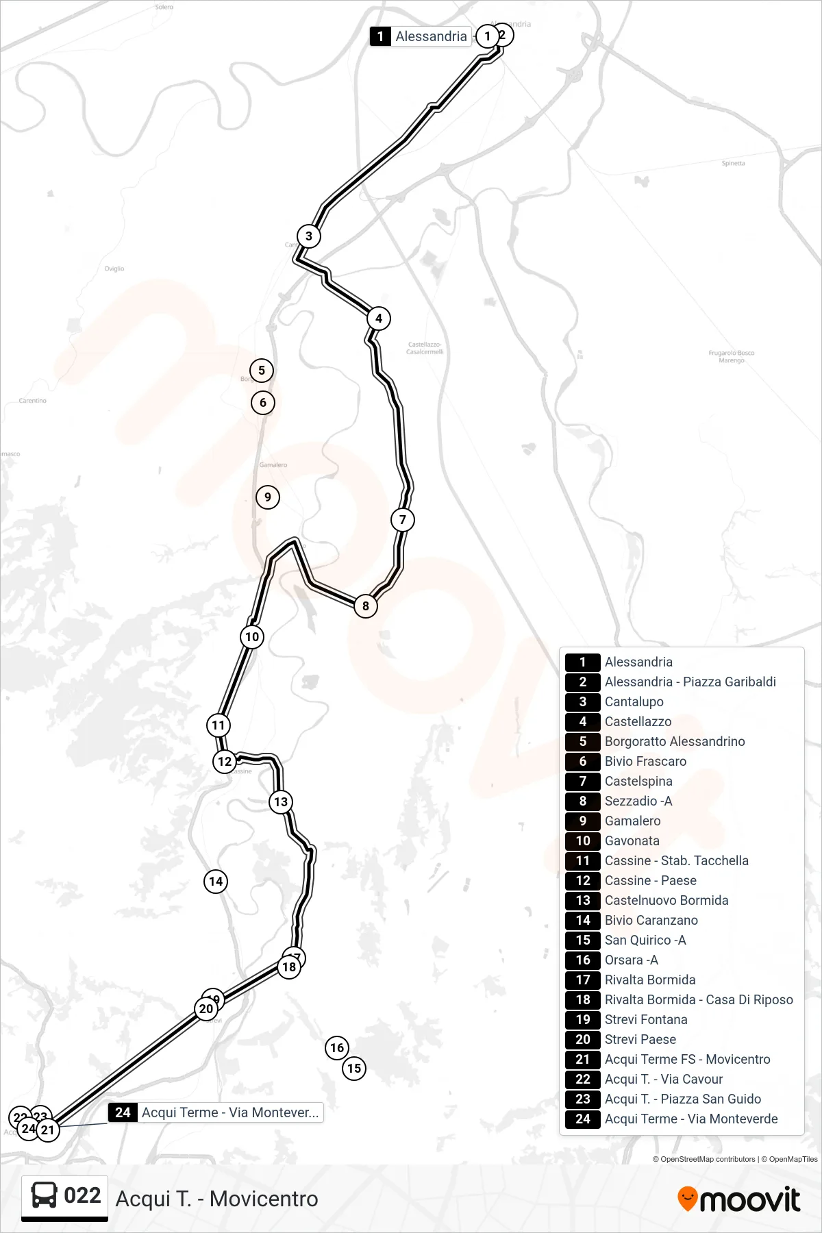 Linea 022 bus (Acqui T. - Movicentro) - Percorsi e fermate sulla mappa