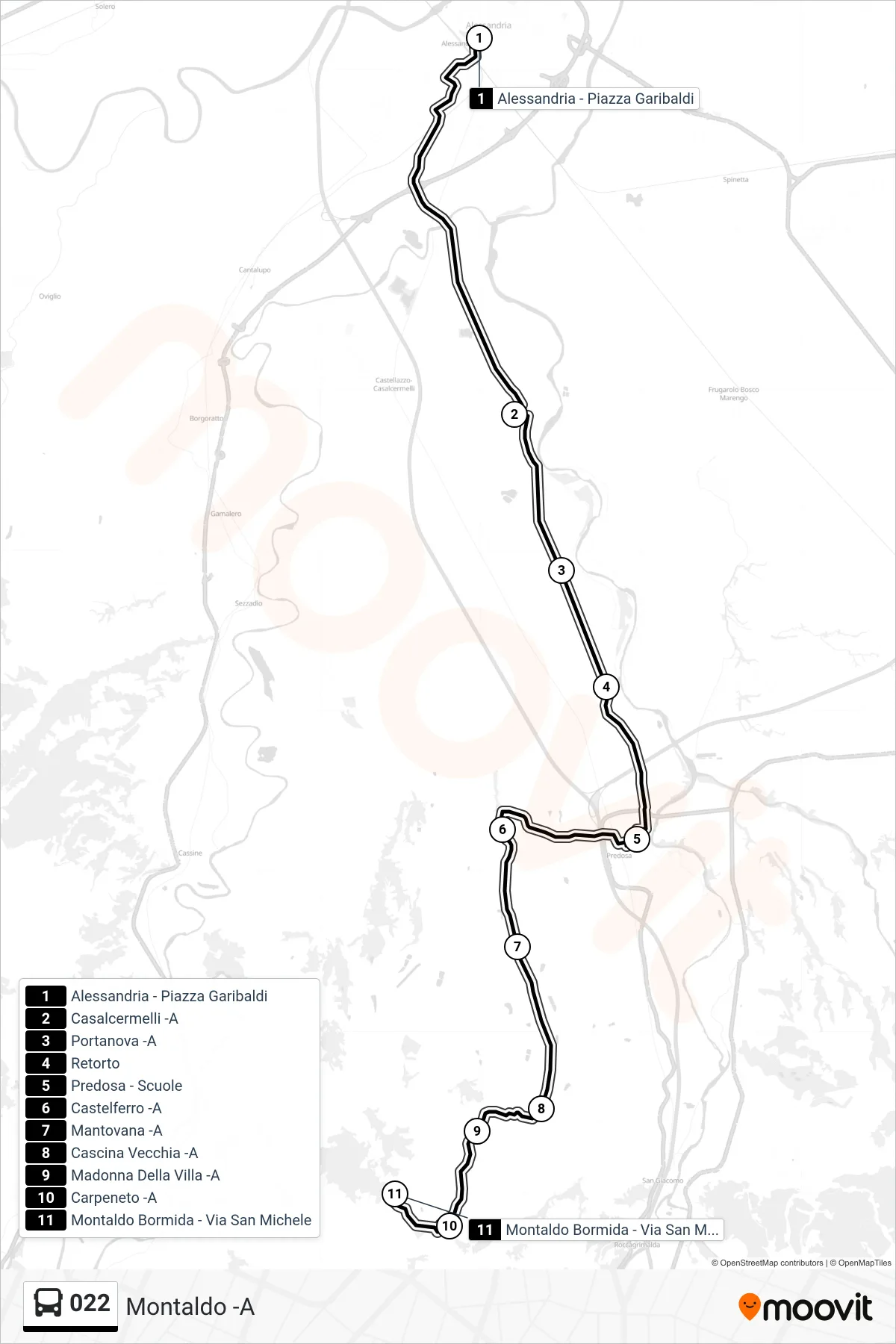 Linea 022  bus (Montaldo -A) - Percorsi e fermate sulla mappa