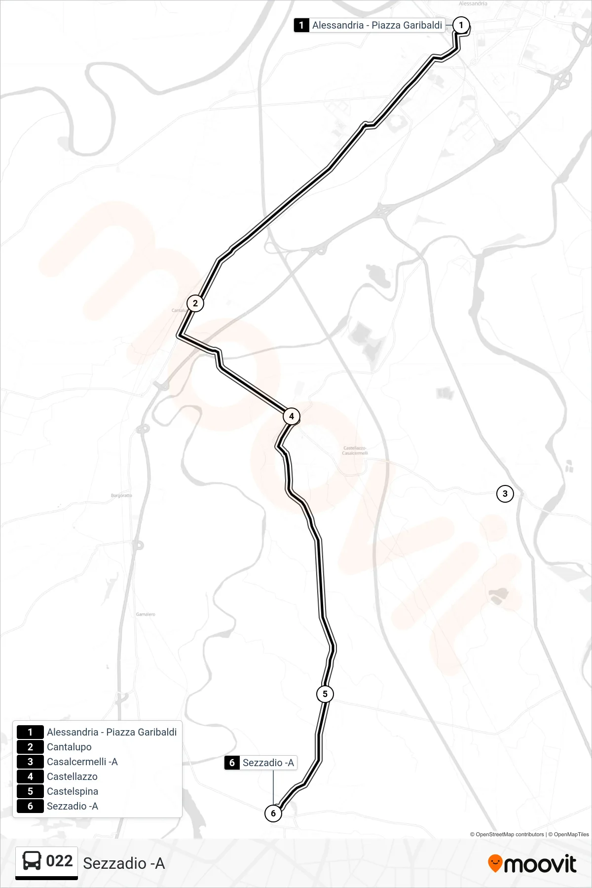 Linea 022 bus (Sezzadio -A) - Percorsi e fermate sulla mappa