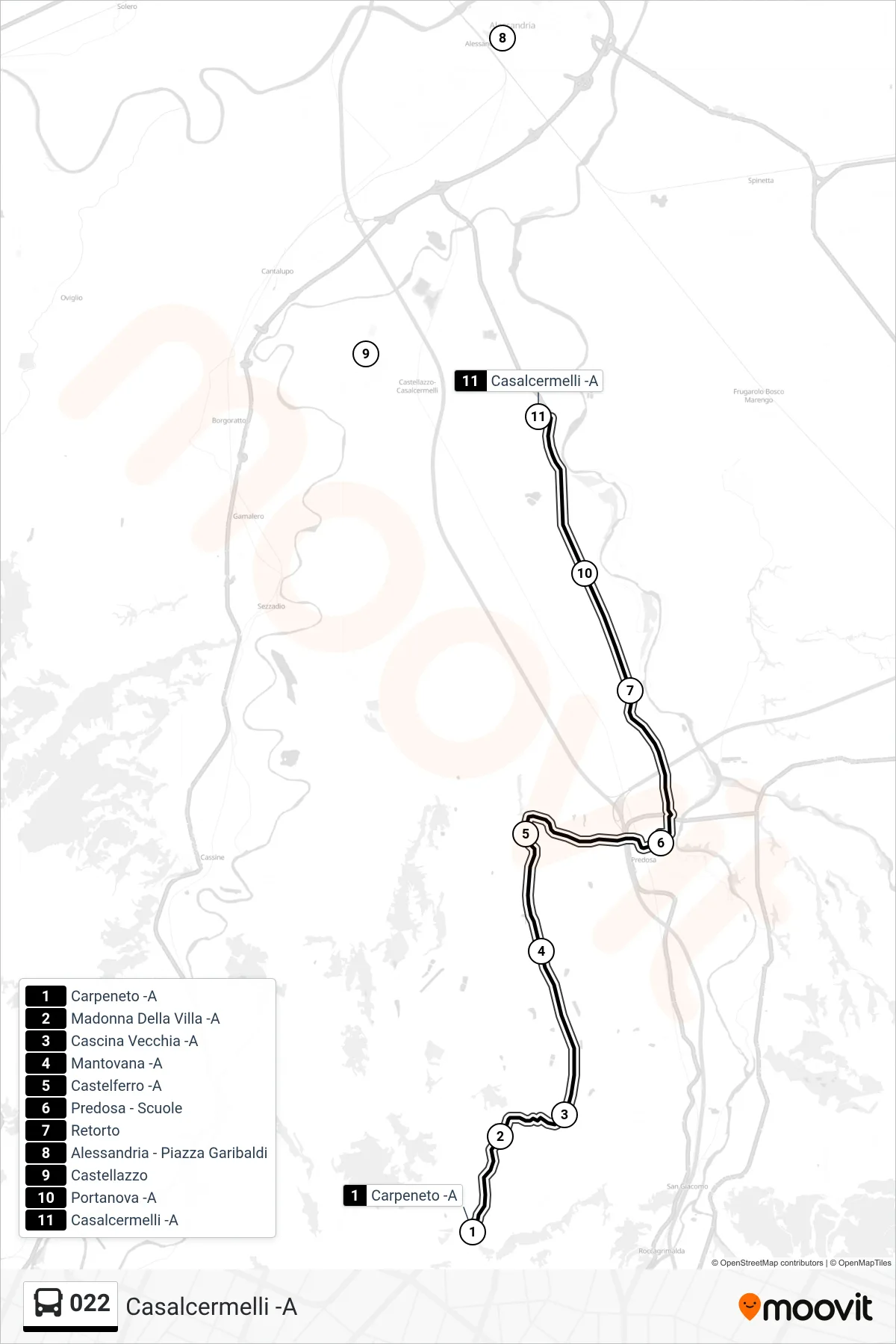 Linea 022 bus (Casalcermelli -A) - Percorsi e fermate sulla mappa