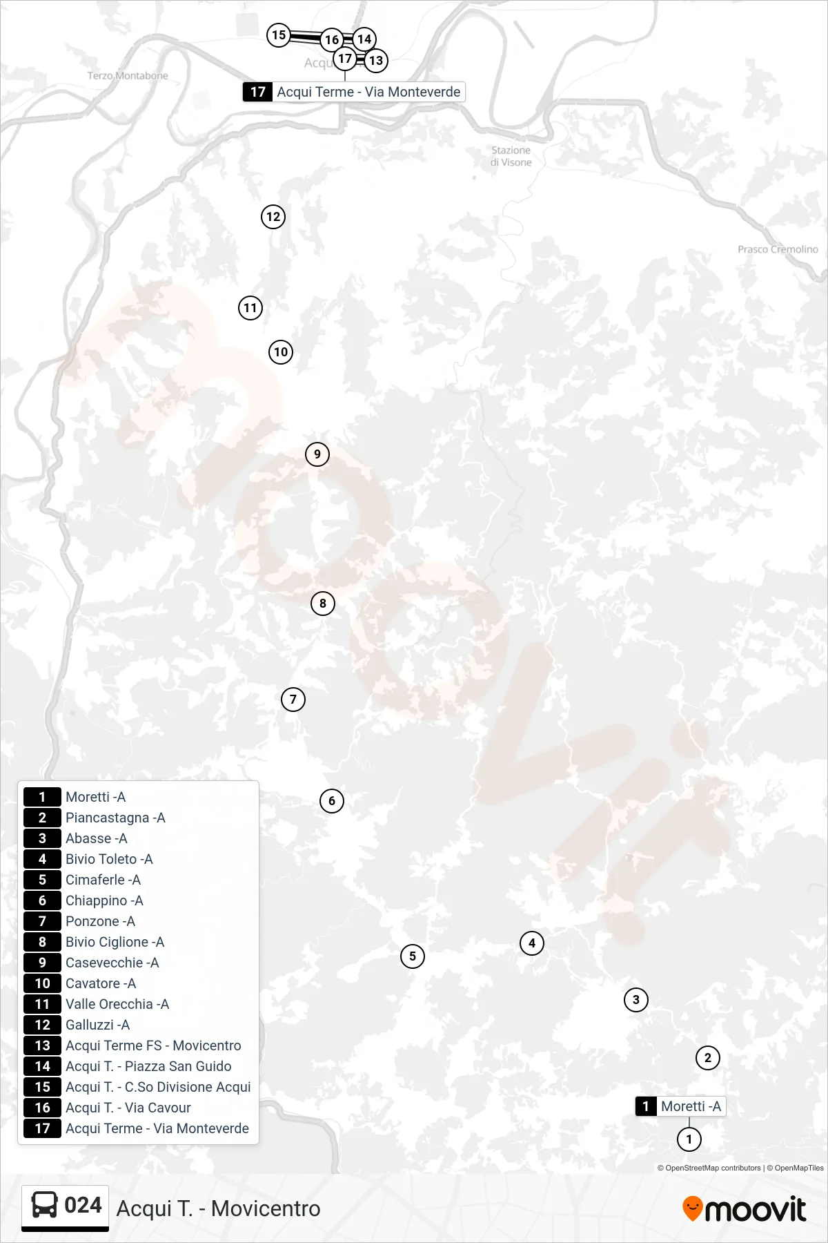 Linea 024 bus (Acqui T. - Movicentro) - Percorsi e fermate sulla mappa