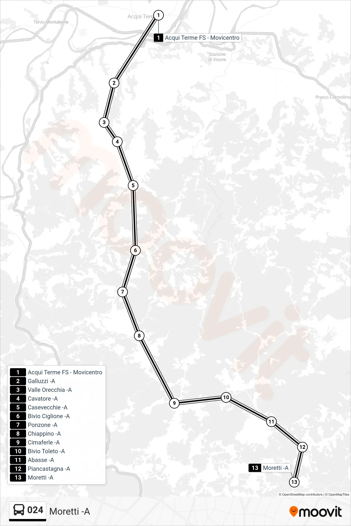 Linea 024 bus (Moretti -A) - Percorsi e fermate sulla mappa