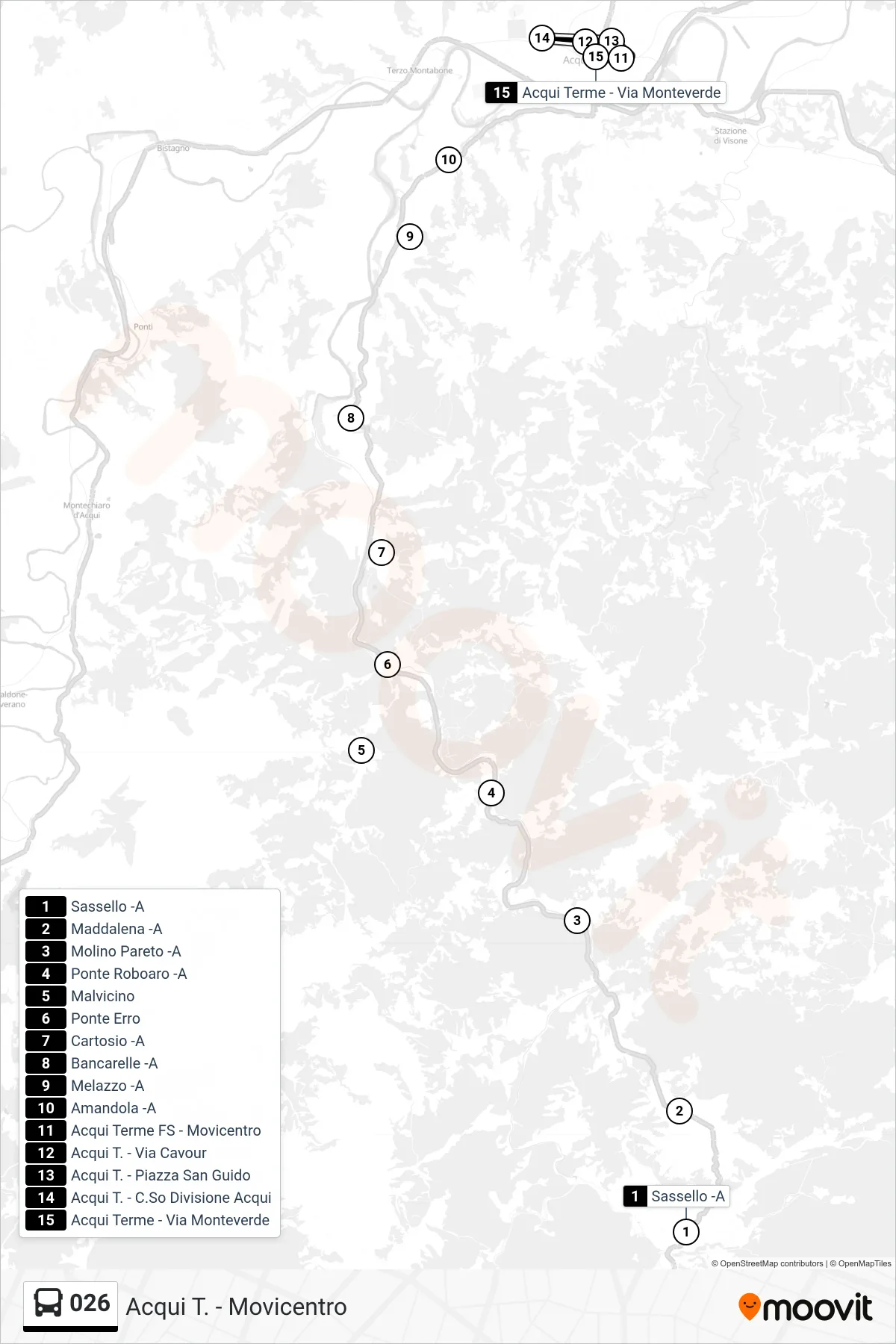 Linea 026 bus (Acqui T. - Movicentro) - Percorsi e fermate sulla mappa