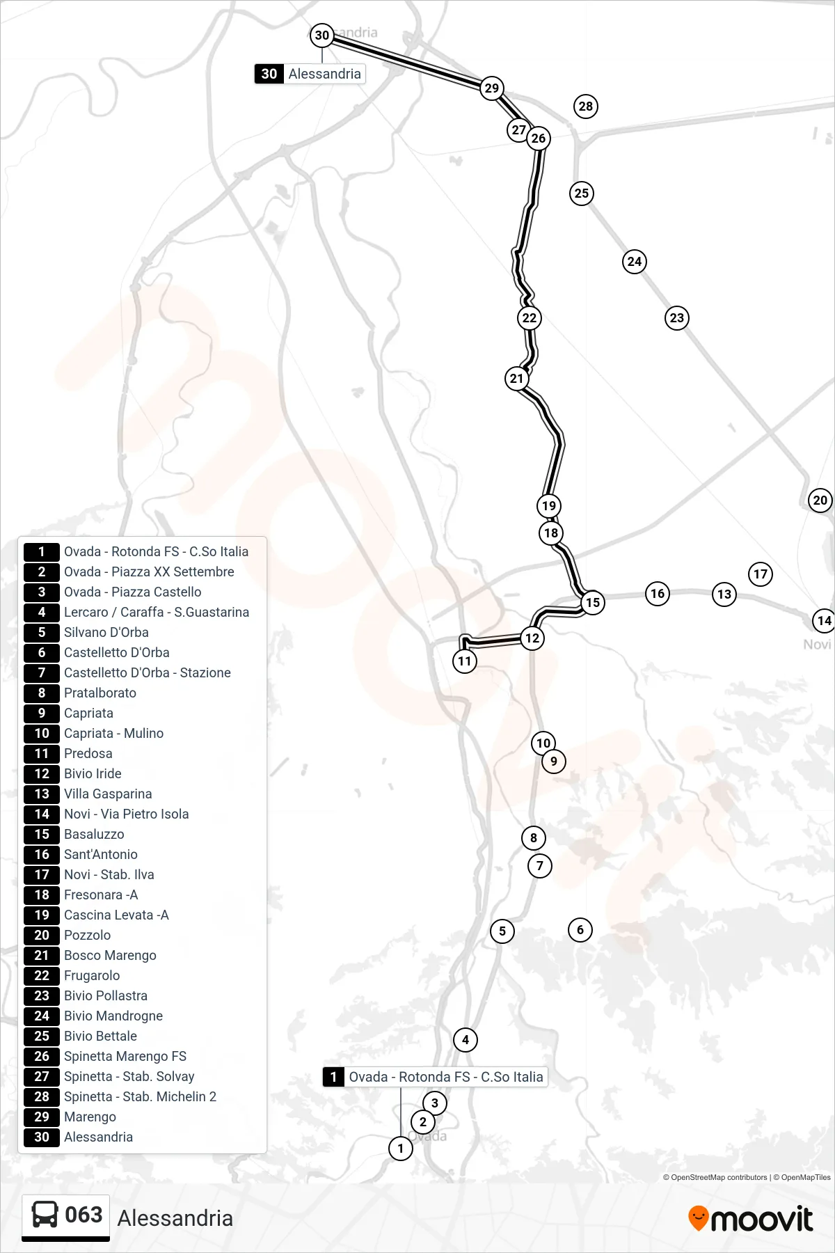 Linea 063  bus (Alessandria) - Percorsi e fermate sulla mappa