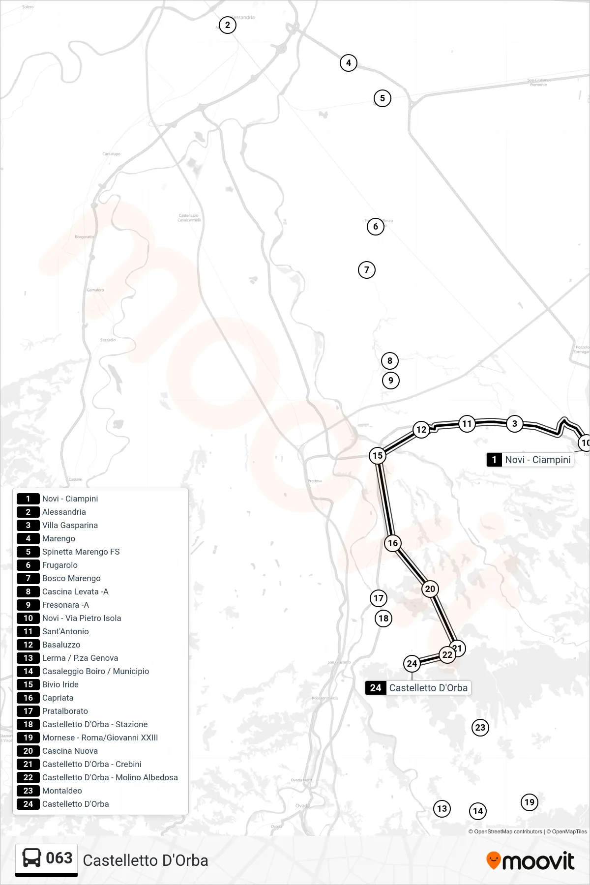 Linea 063  bus (Castelletto D'Orba) - Percorsi e fermate sulla mappa