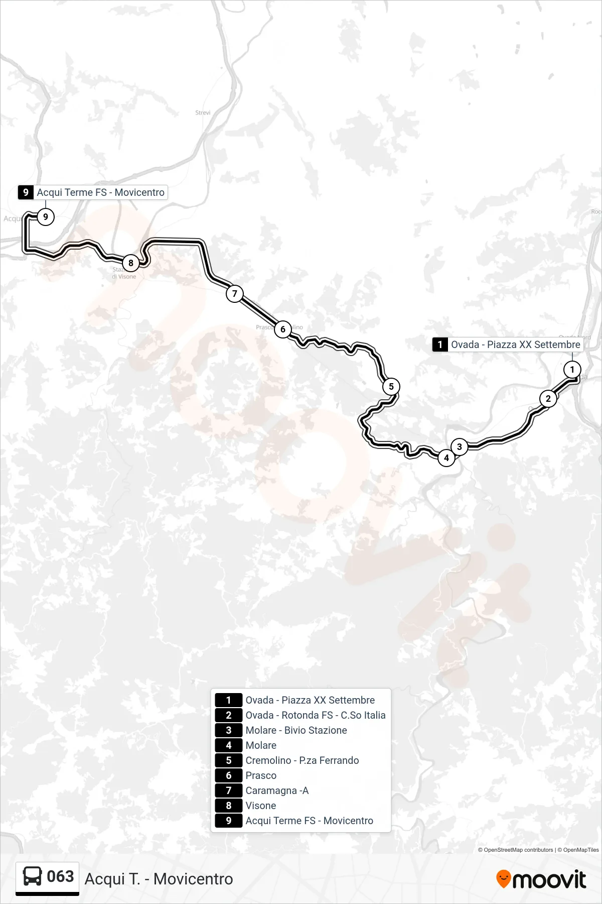 Linea 063 bus (Acqui T. - Movicentro) - Percorsi e fermate sulla mappa