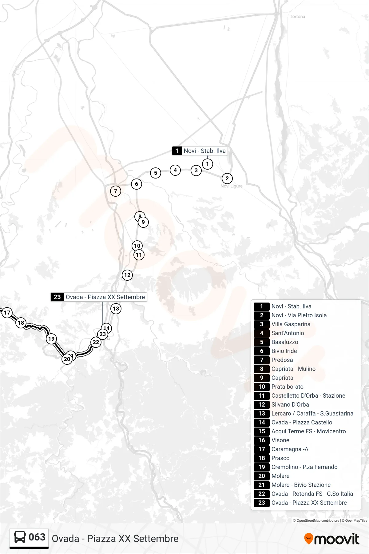 Linea 063 bus (Ovada - Piazza XX Settembre) - Percorsi e fermate sulla mappa