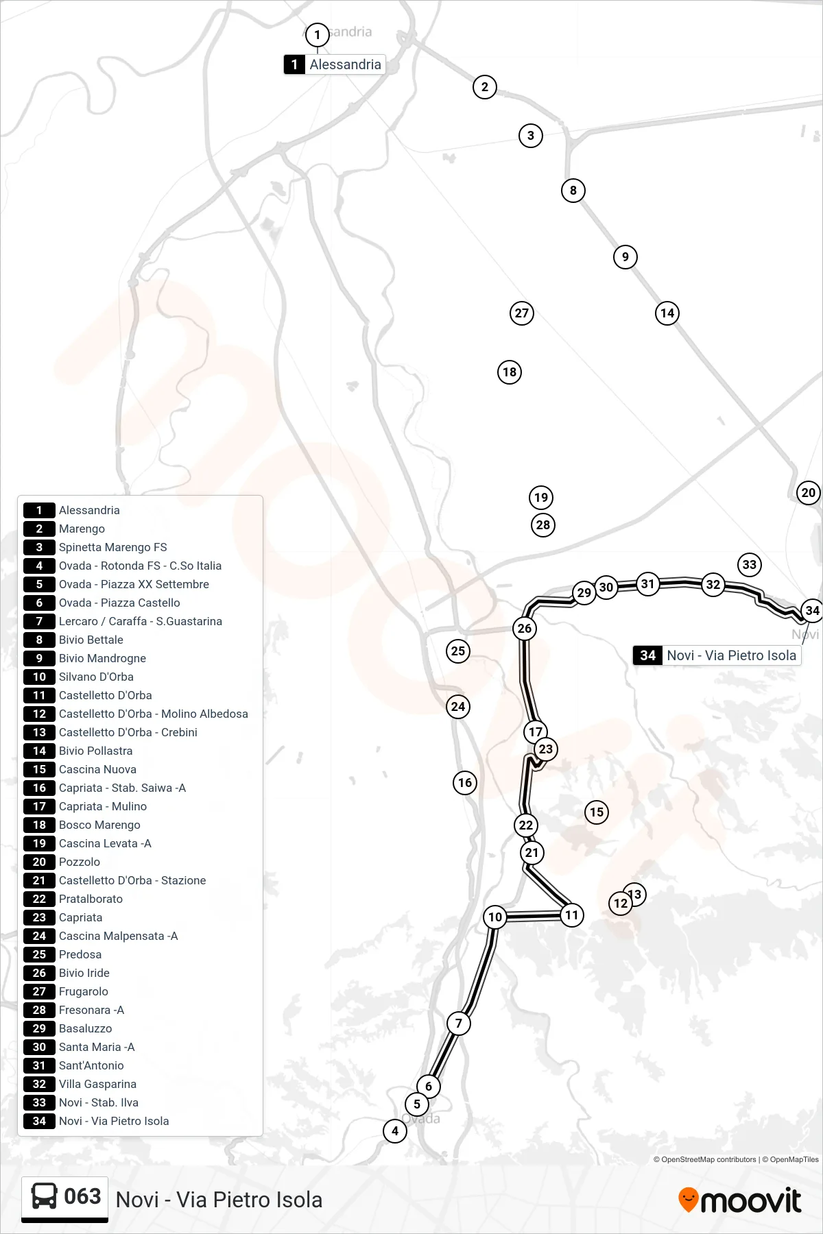 Linea 063  bus (Novi - Via Pietro Isola) - Percorsi e fermate sulla mappa
