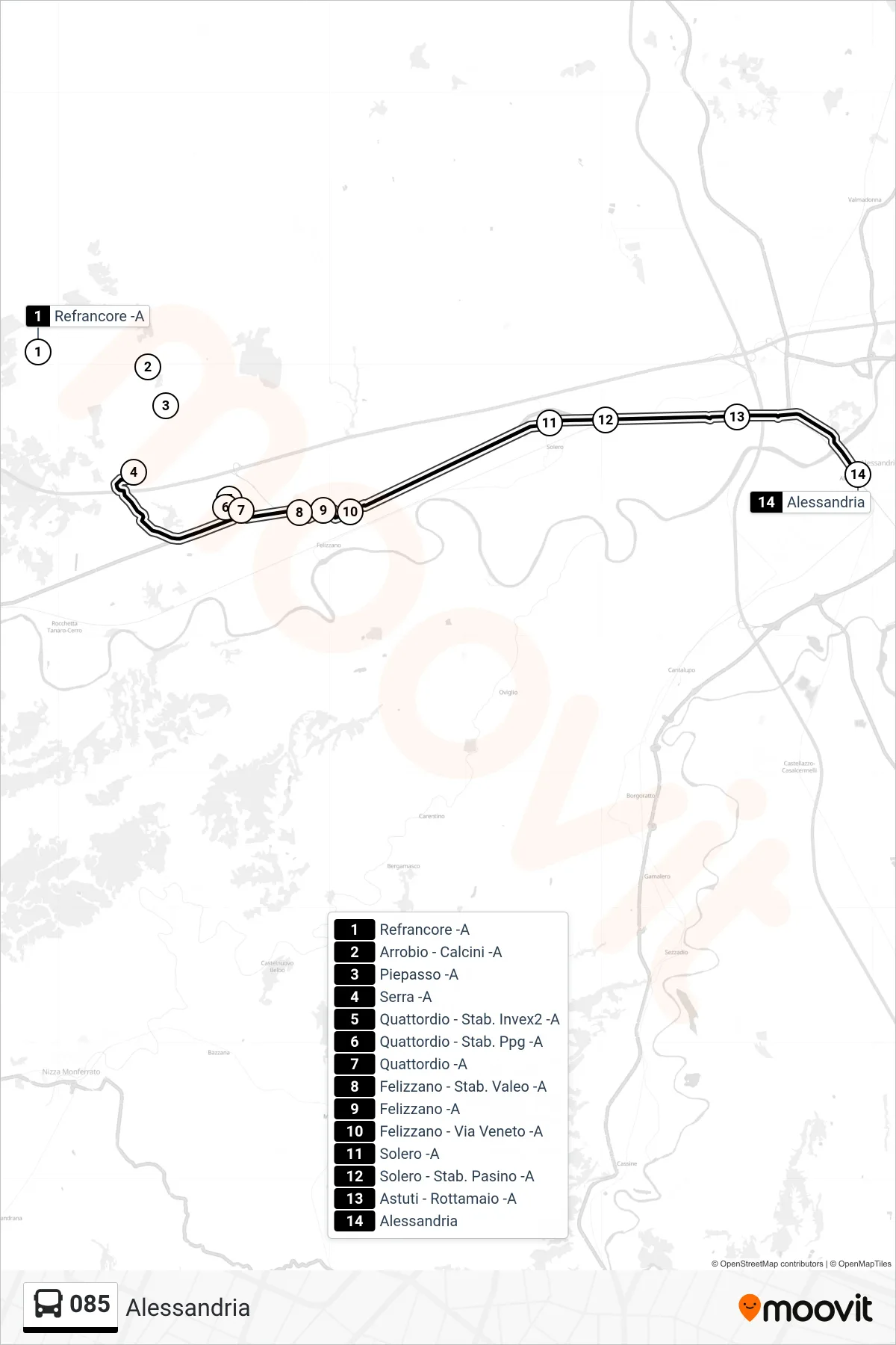 Linea 085  bus (Alessandria) - Percorsi e fermate sulla mappa