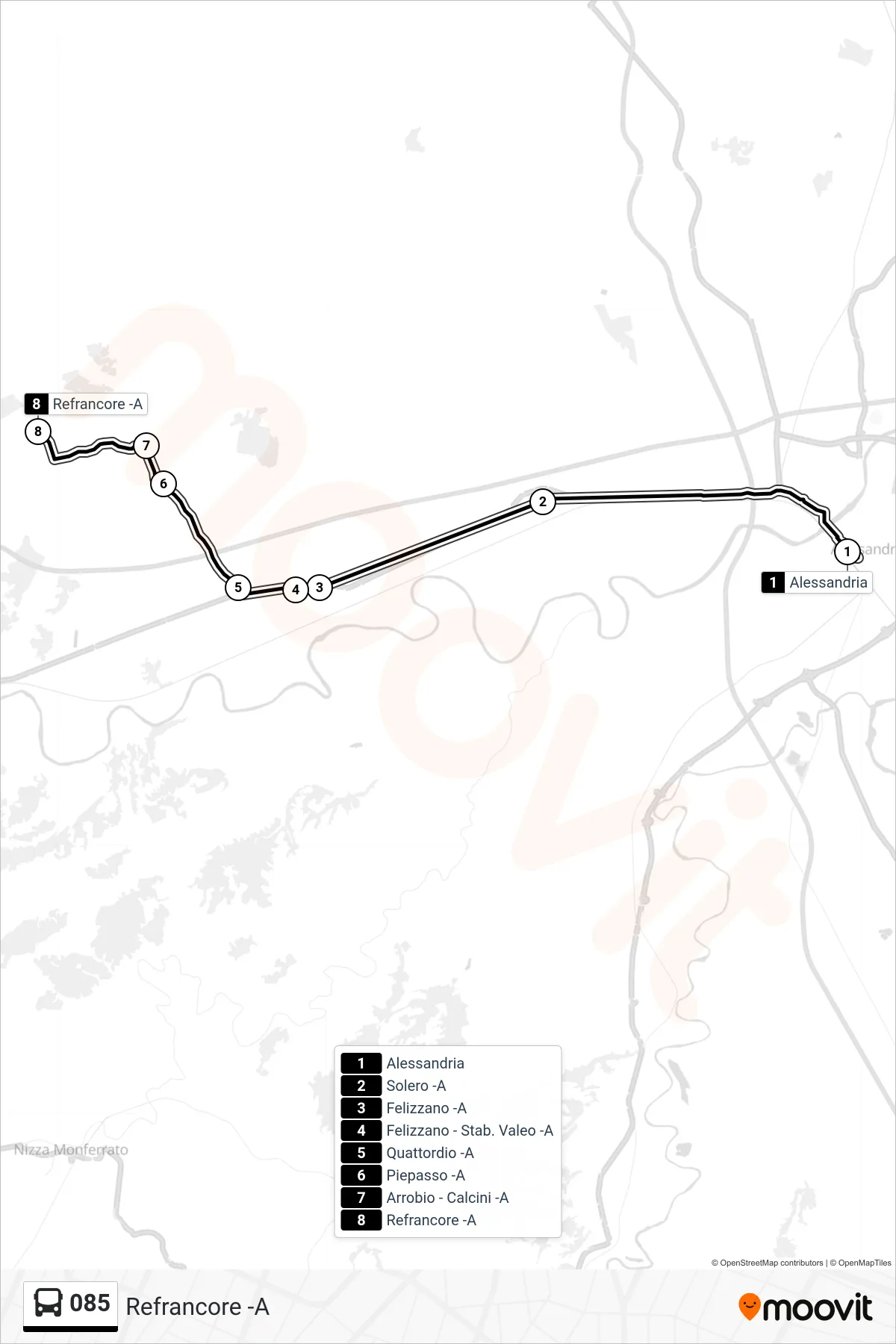 Linea 085 bus (Refrancore -A) - Percorsi e fermate sulla mappa