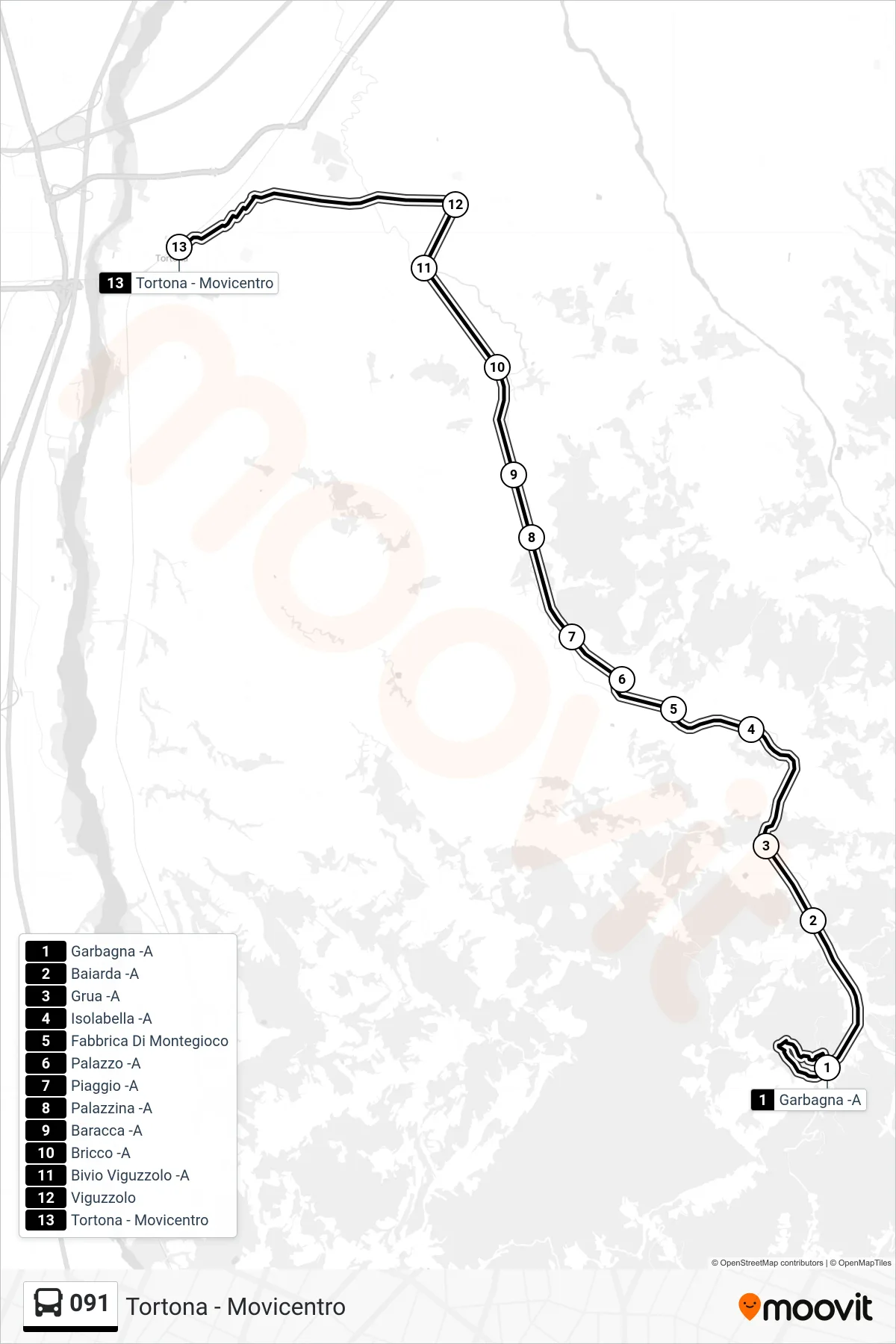 Linea 091  bus (Tortona - Movicentro) - Percorsi e fermate sulla mappa