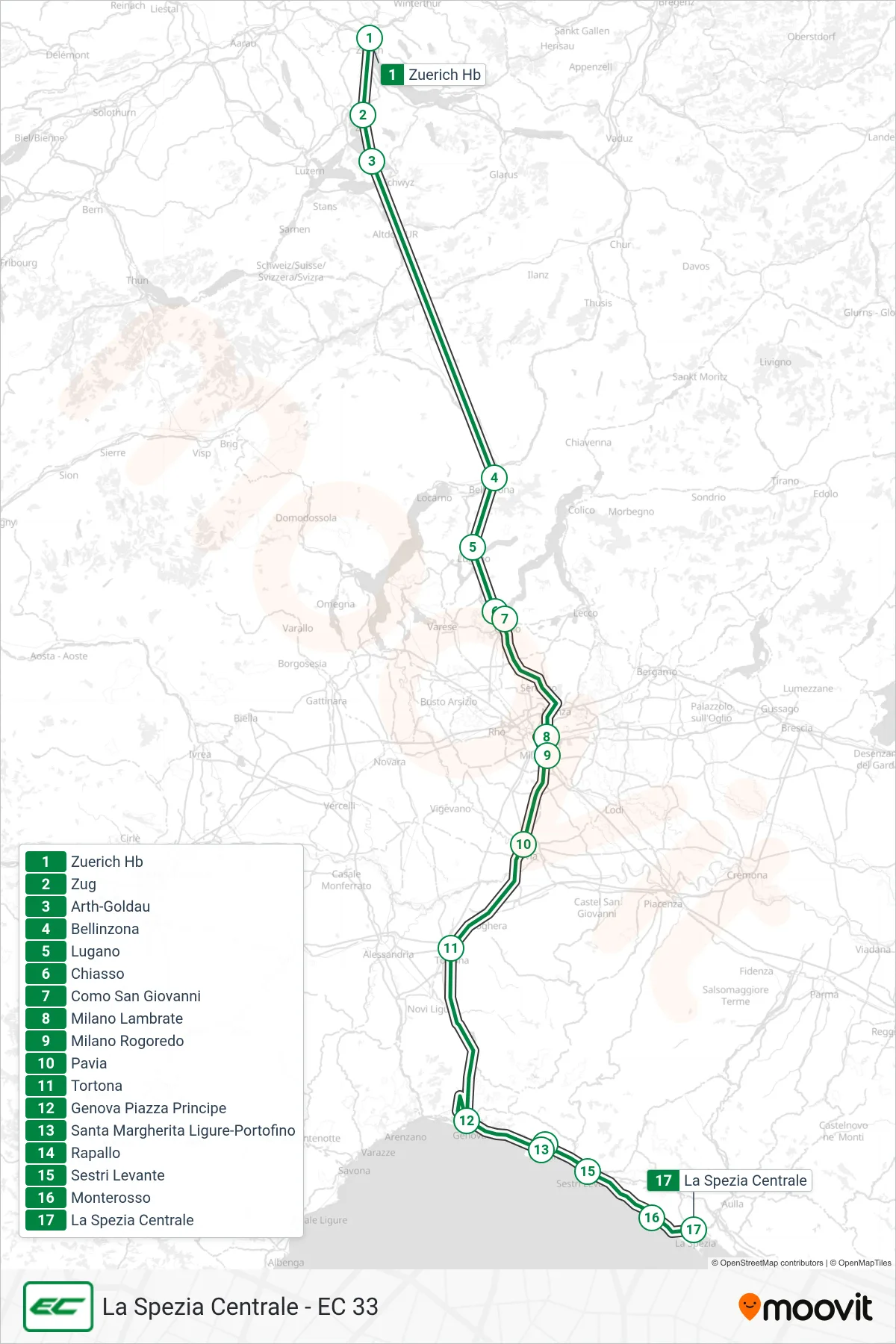 Linea EC  treno (La Spezia Centrale - EC 33) - Percorsi e fermate sulla mappa