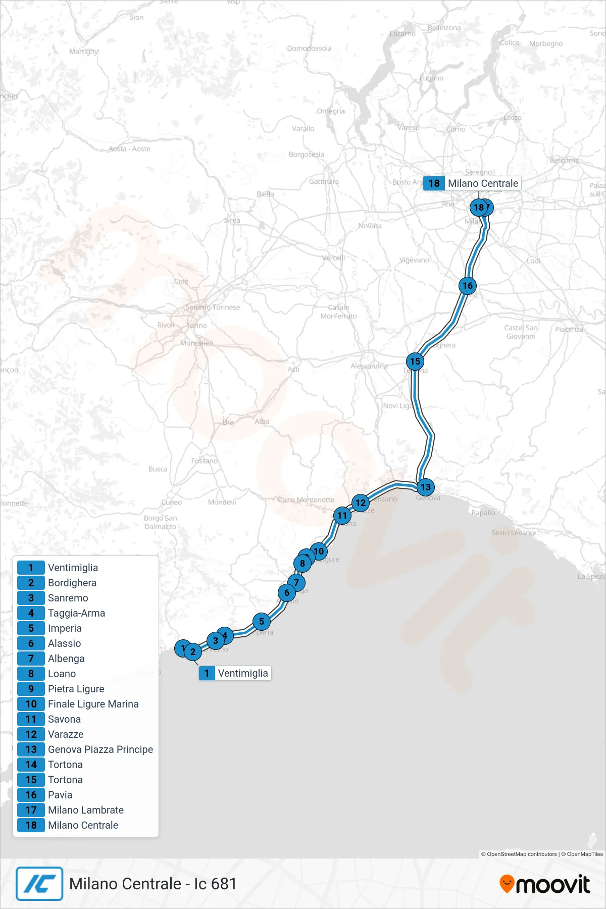 Linea IC treno (Milano Centrale - Ic 681) - Percorsi e fermate sulla mappa