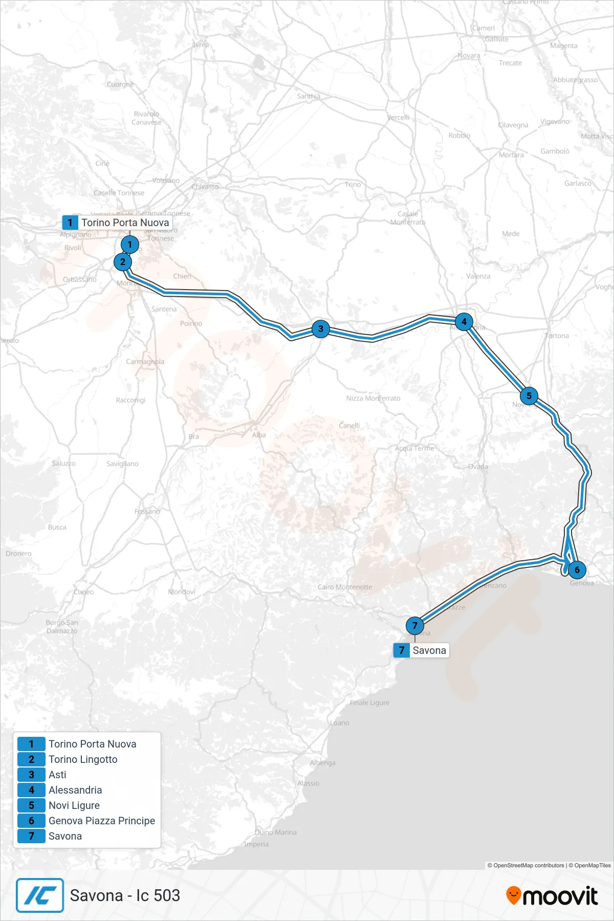Linea IC  treno (Savona - Ic 503) - Percorsi e fermate sulla mappa