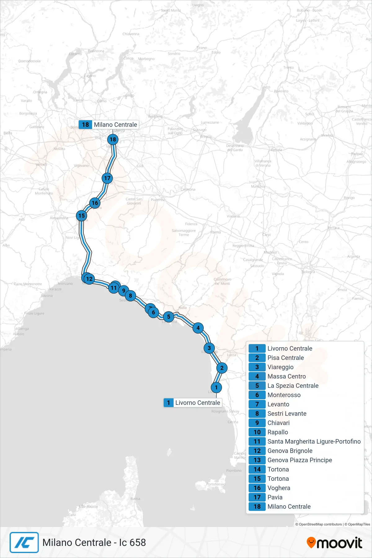 Linea IC treno (Milano Centrale - Ic 658) - Percorsi e fermate sulla mappa