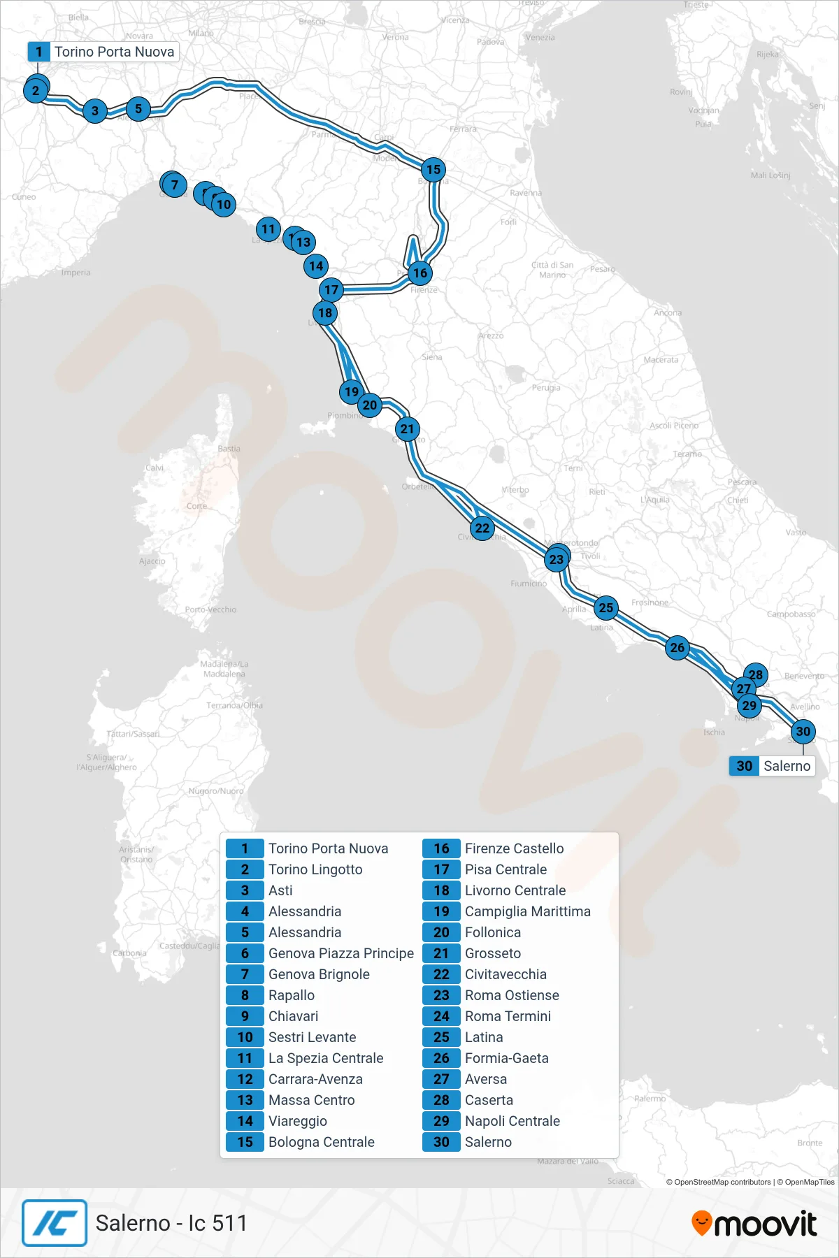 Linea IC treno (Salerno - Ic 511) - Percorsi e fermate sulla mappa