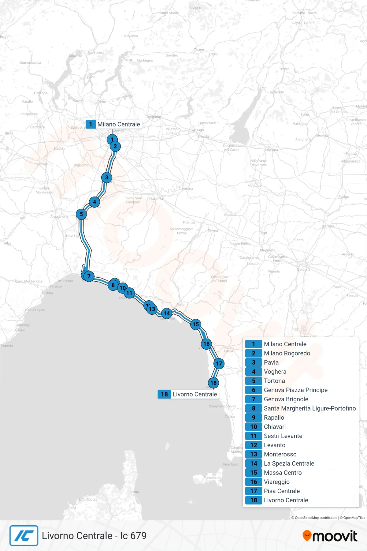 Linea IC treno (Livorno Centrale - Ic 679) - Percorsi e fermate sulla mappa
