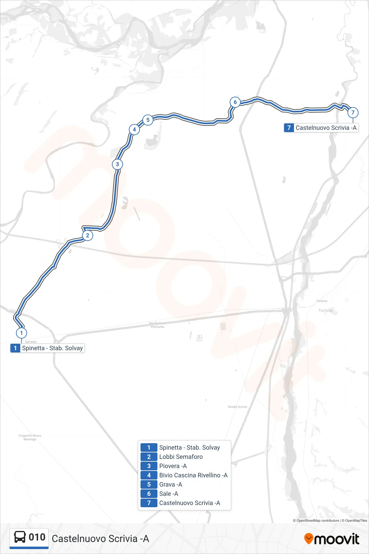 Linea 010  bus (Castelnuovo Scrivia -A) - Percorsi e fermate sulla mappa