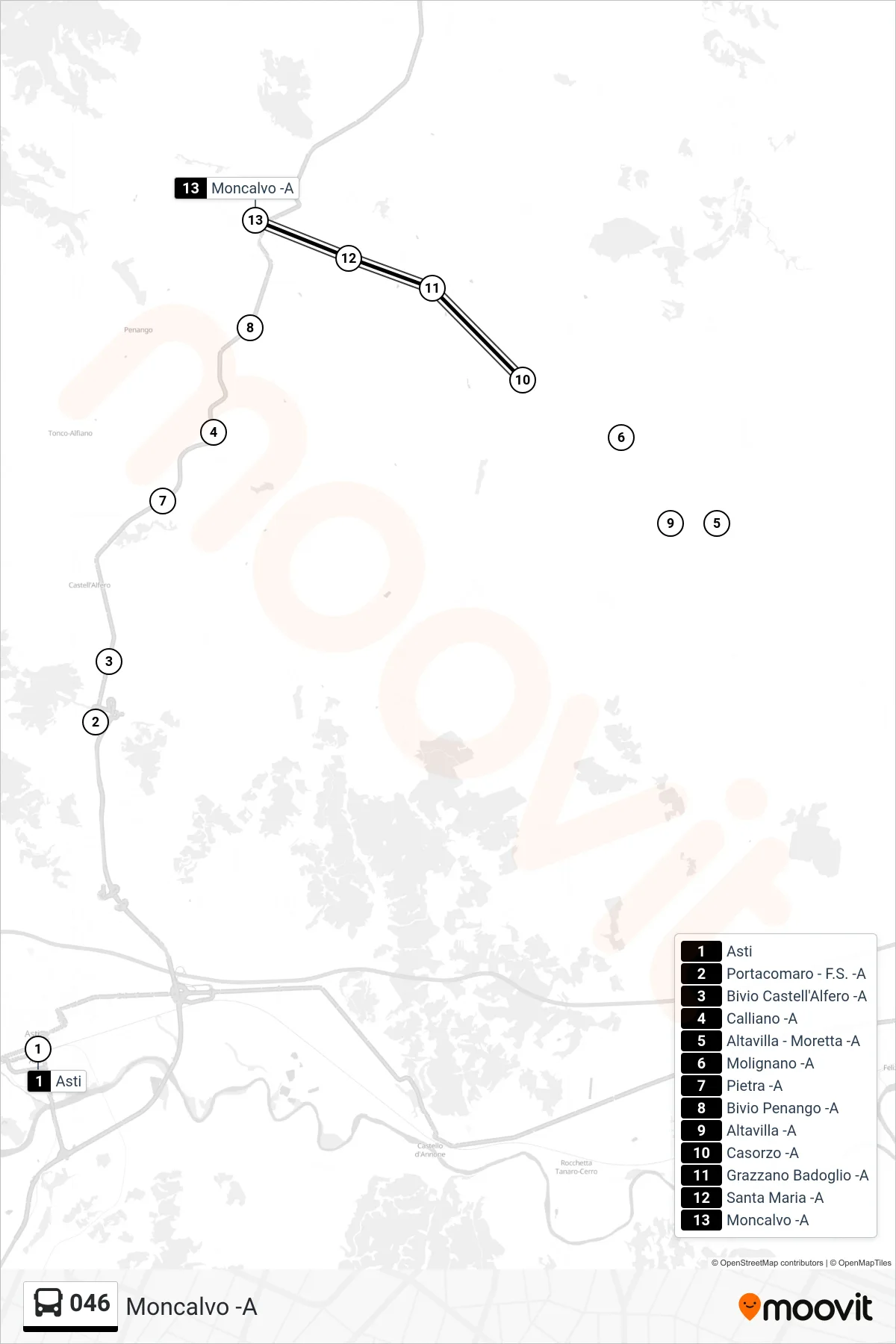 Linea 046 bus (Moncalvo -A) - Percorsi e fermate sulla mappa