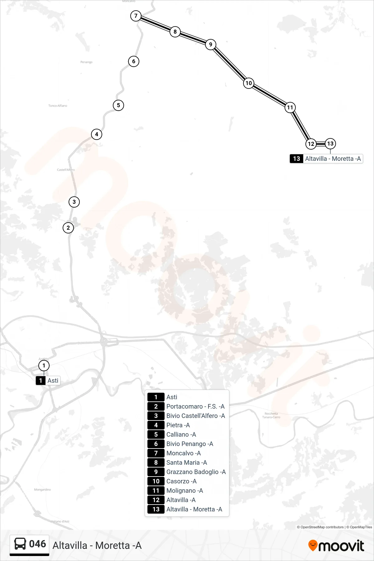 Linea 046  bus (Altavilla - Moretta -A) - Percorsi e fermate sulla mappa