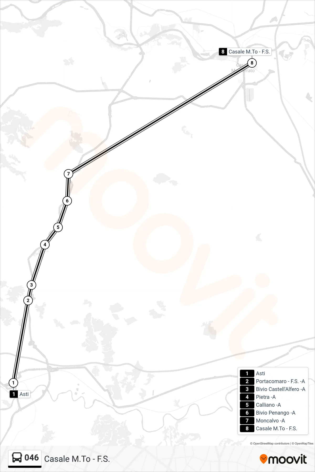Linea 046 bus (Casale M.To - F.S.) - Percorsi e fermate sulla mappa