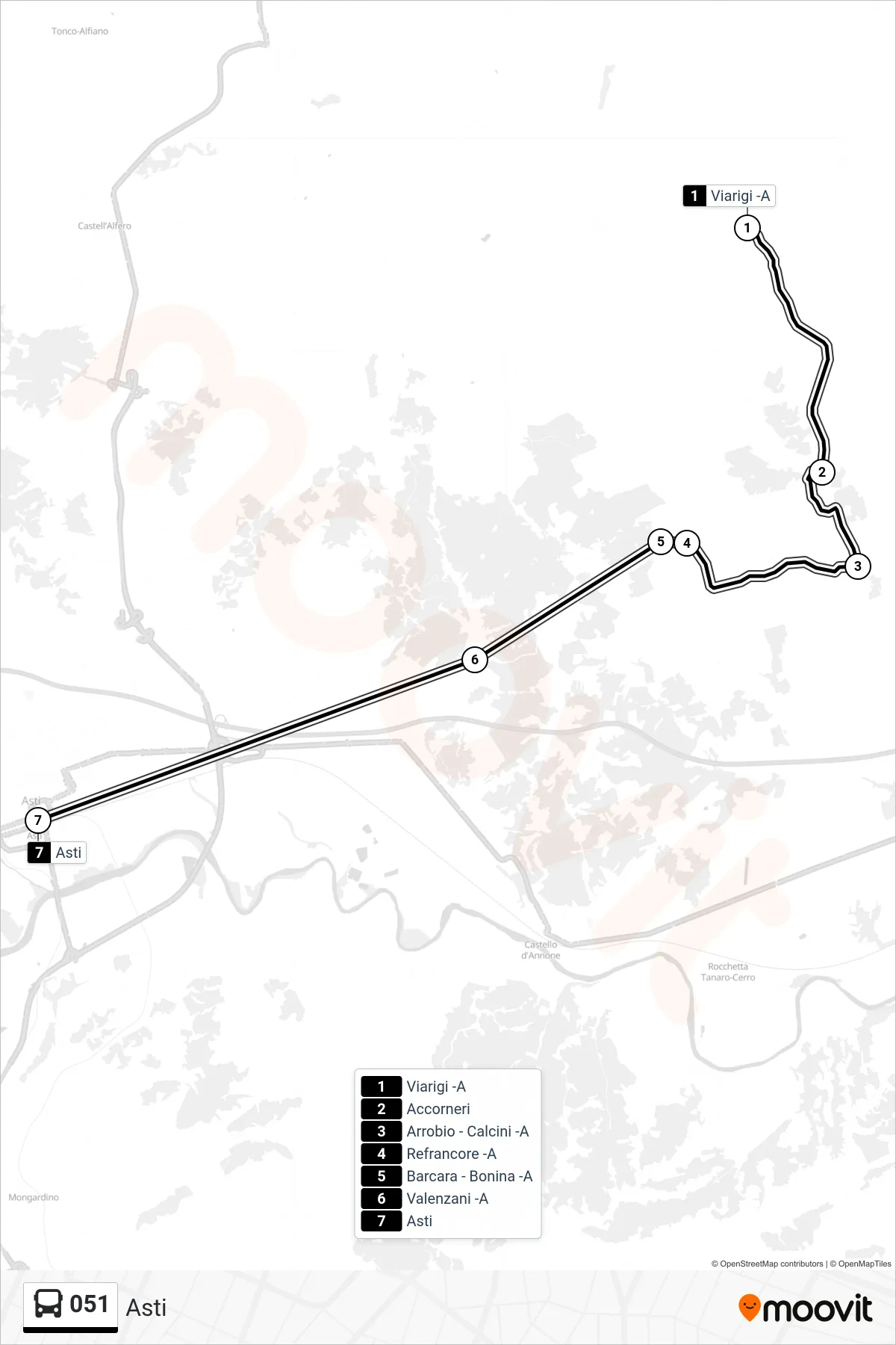 Linea 051  bus (Asti) - Percorsi e fermate sulla mappa